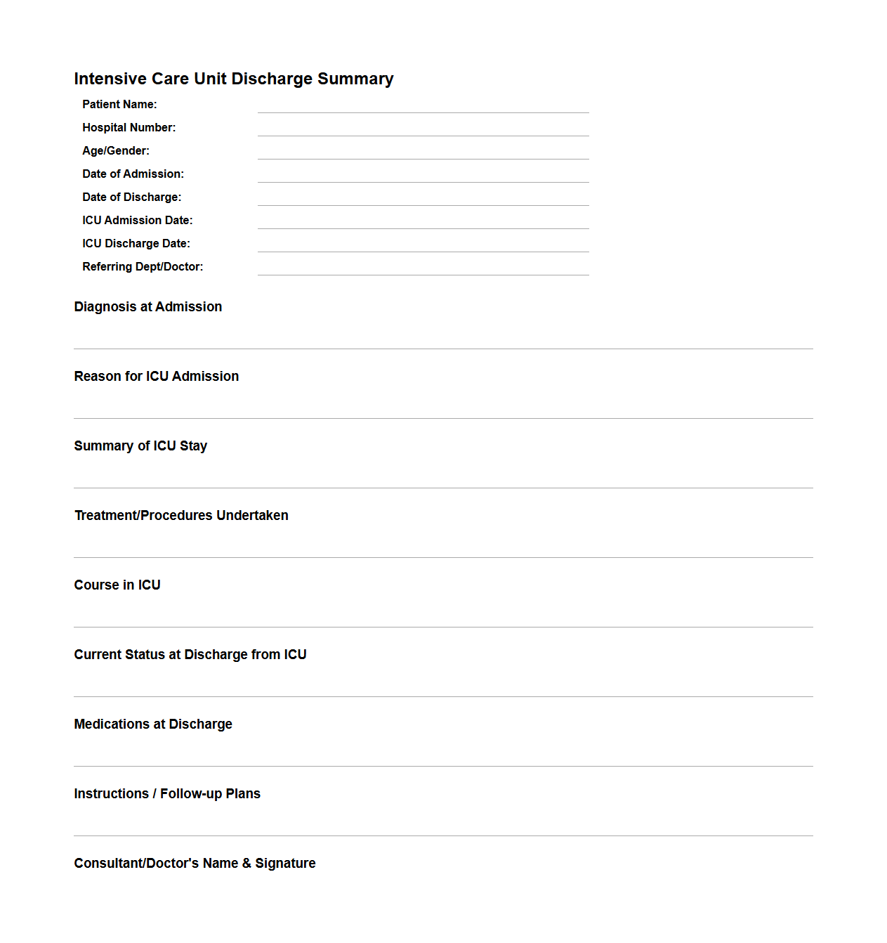 Intensive Care Unit Discharge Summary Format