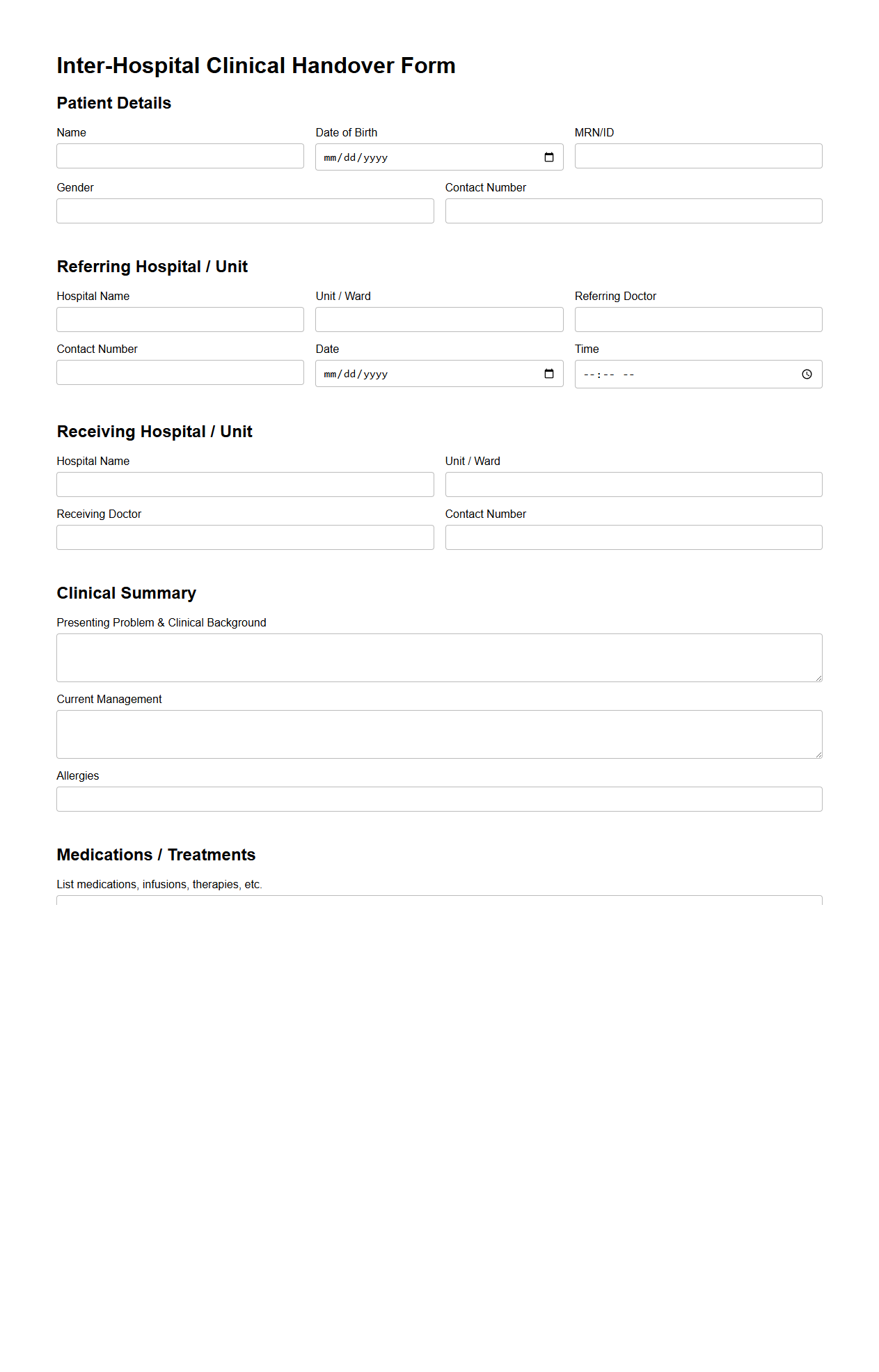 Inter-Hospital Clinical Handover Form