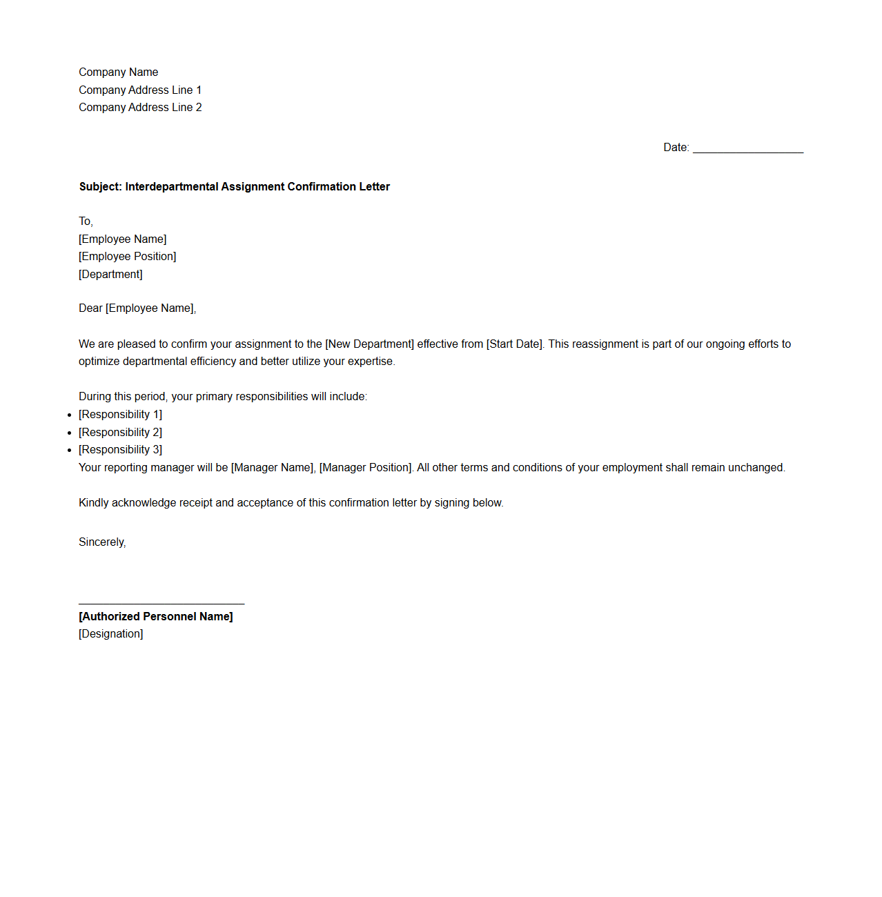 Interdepartmental Assignment Confirmation Letter