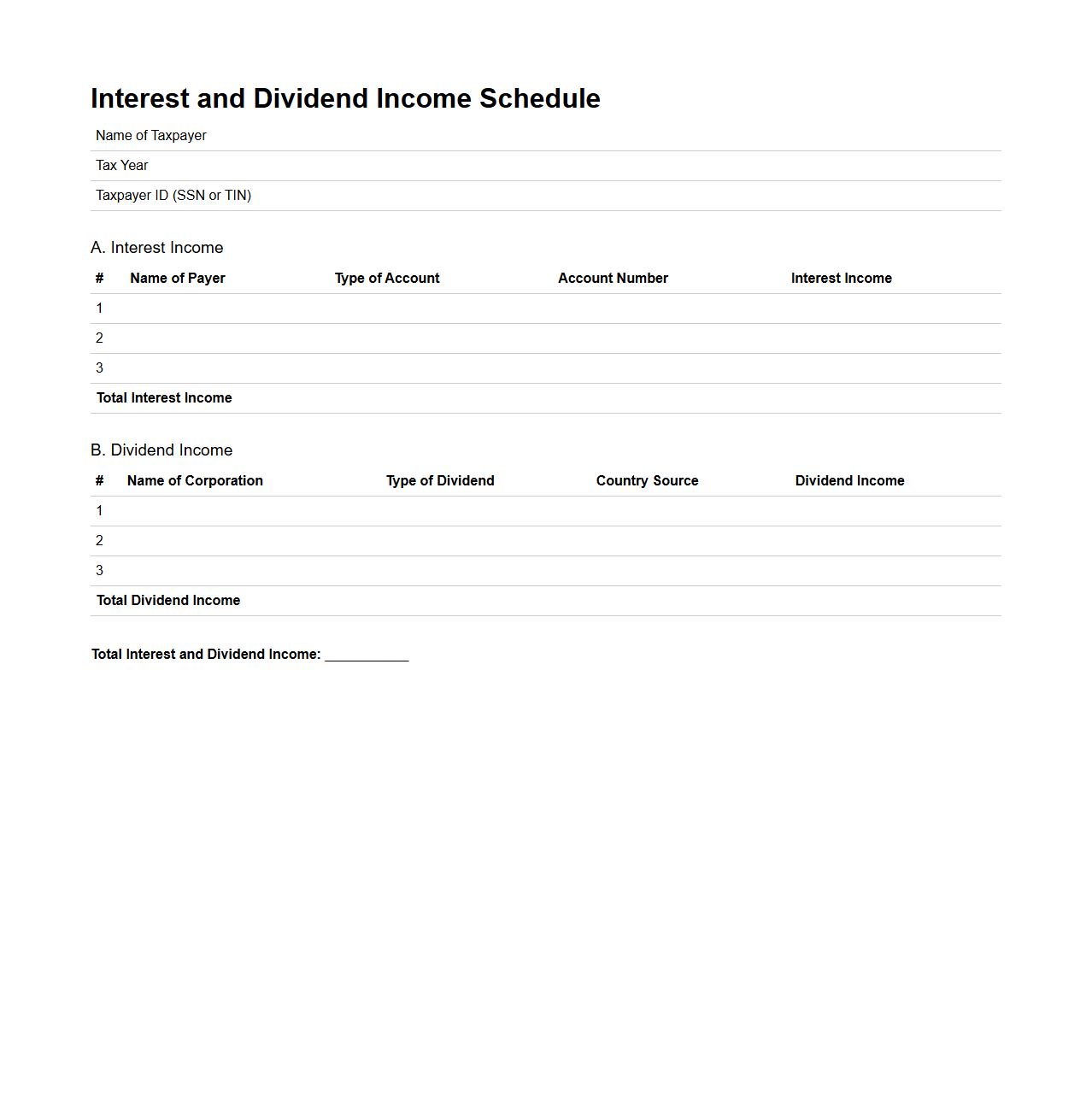 Interest and Dividend Income Schedule for Individual Returns