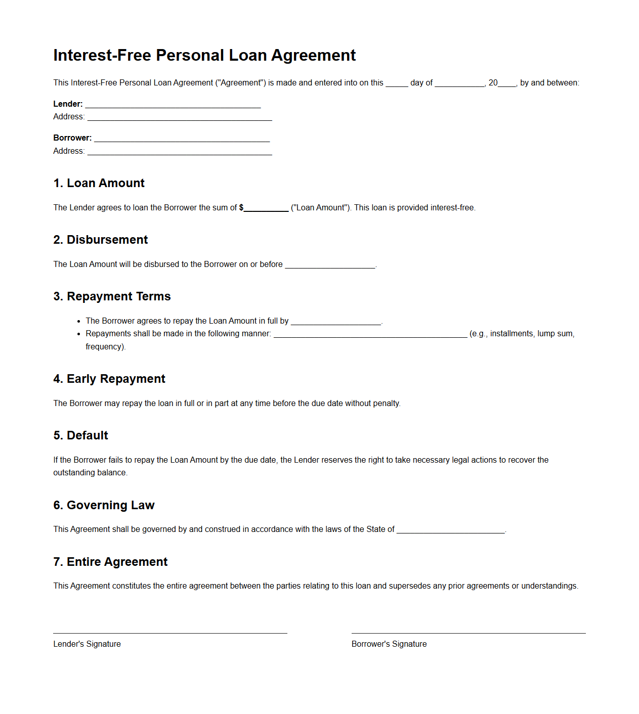 Interest-Free Personal Loan Agreement Sample