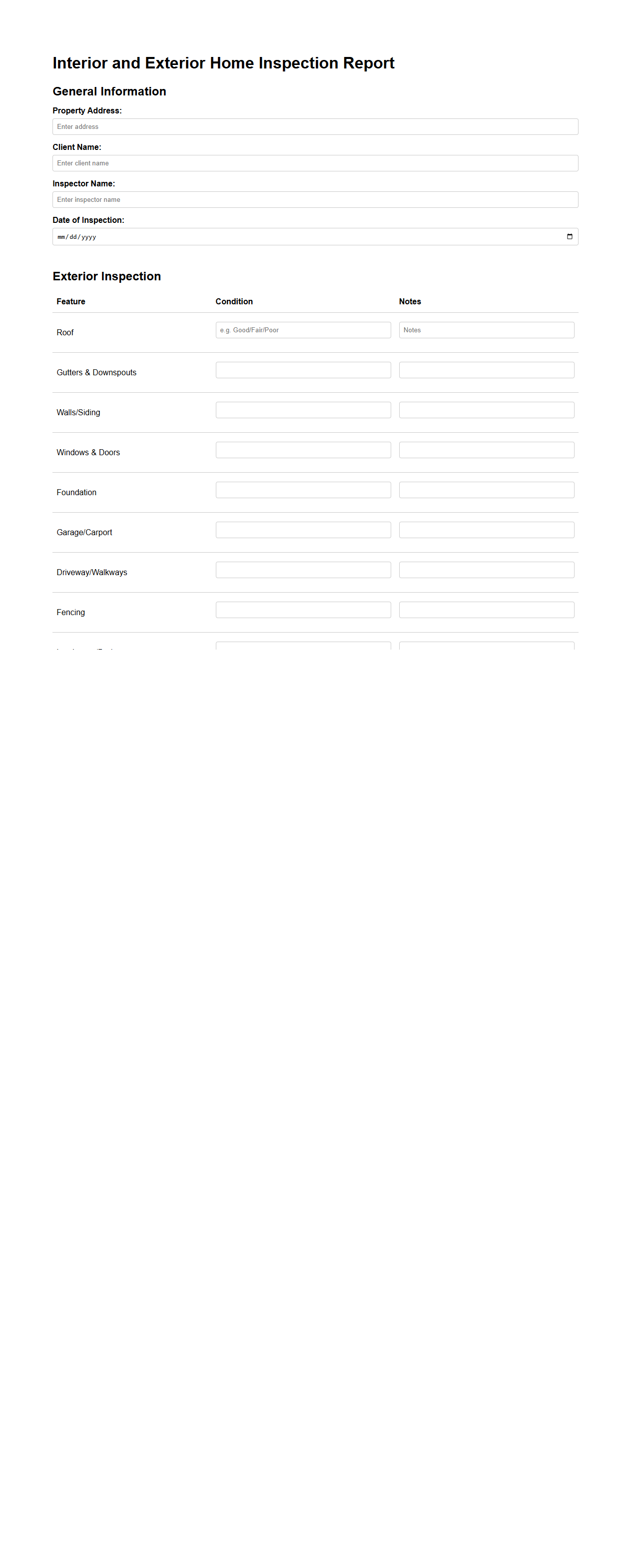 Interior and Exterior Home Inspection Report for Buyers