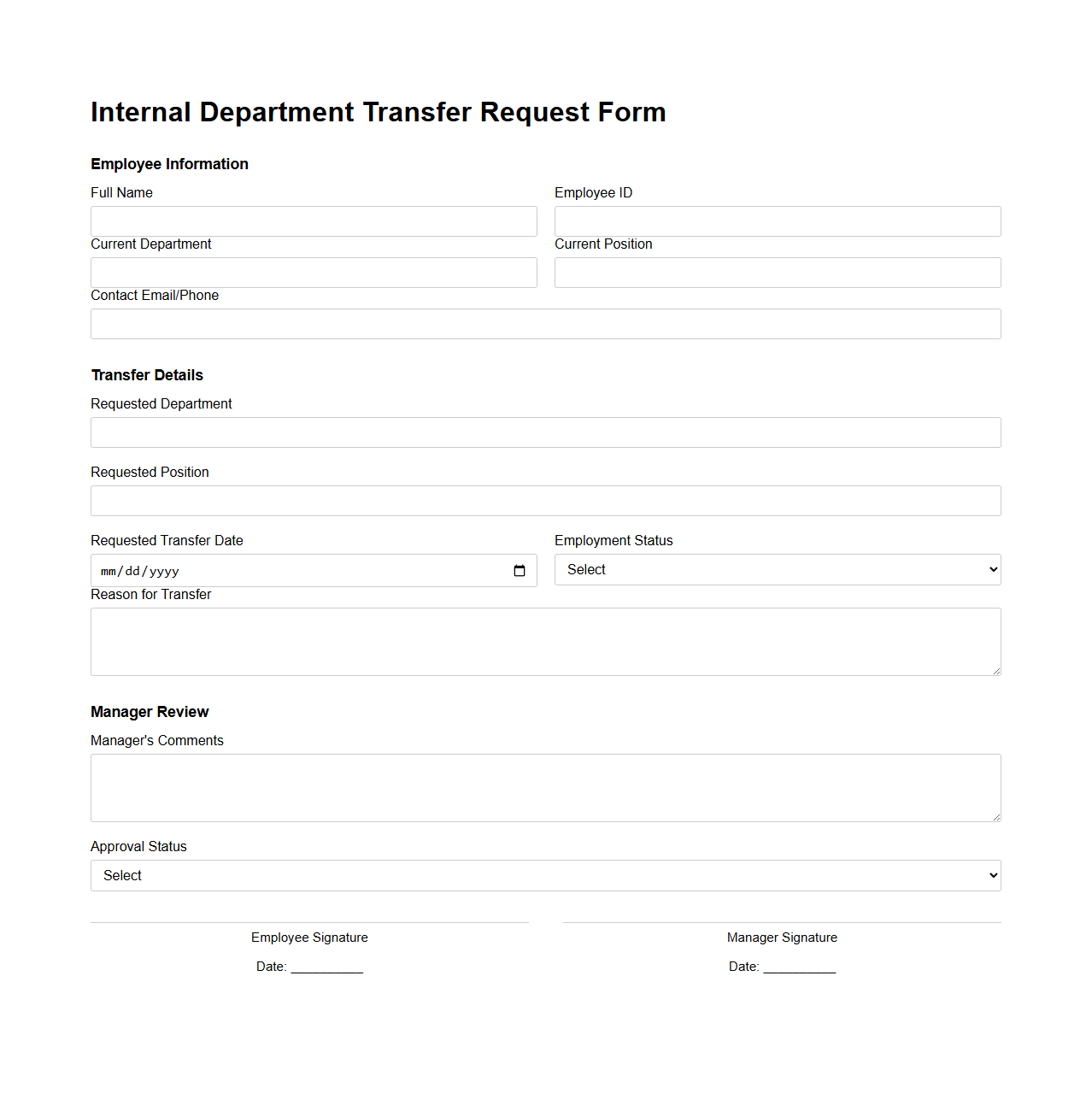 Internal Department Transfer Request Form Template