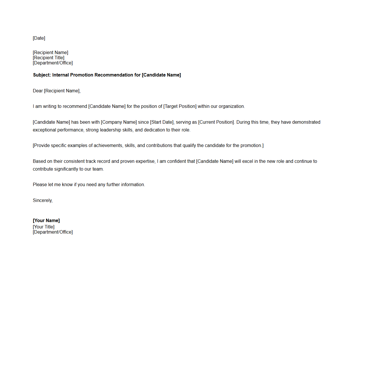 Internal Promotion Recommendation Letter Template