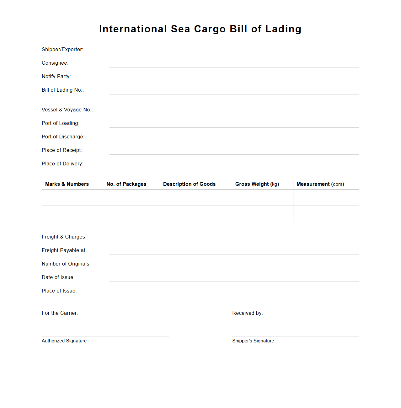 International Sea Cargo Bill of Lading Form