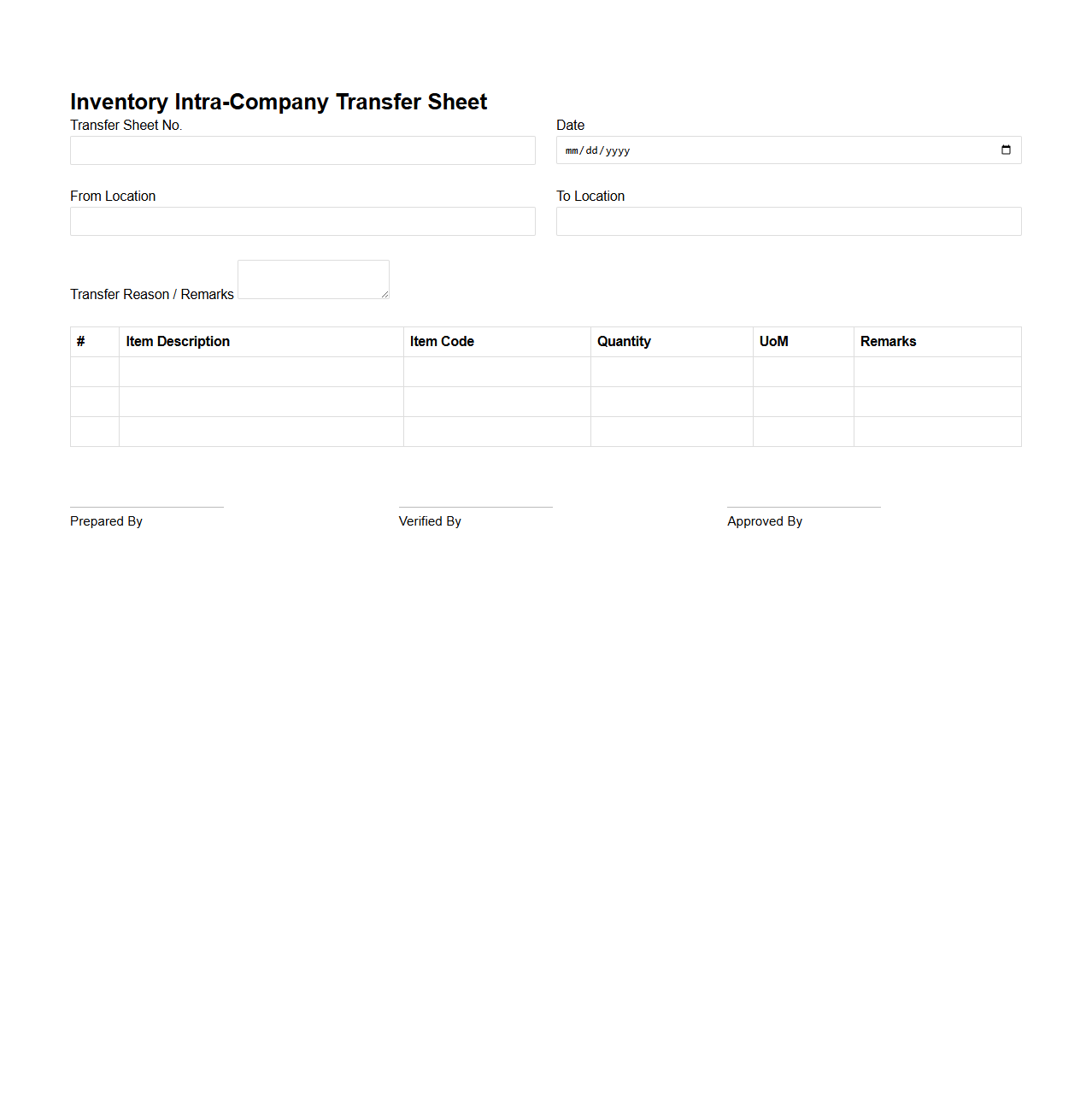 Inventory Intra-Company Transfer Sheet