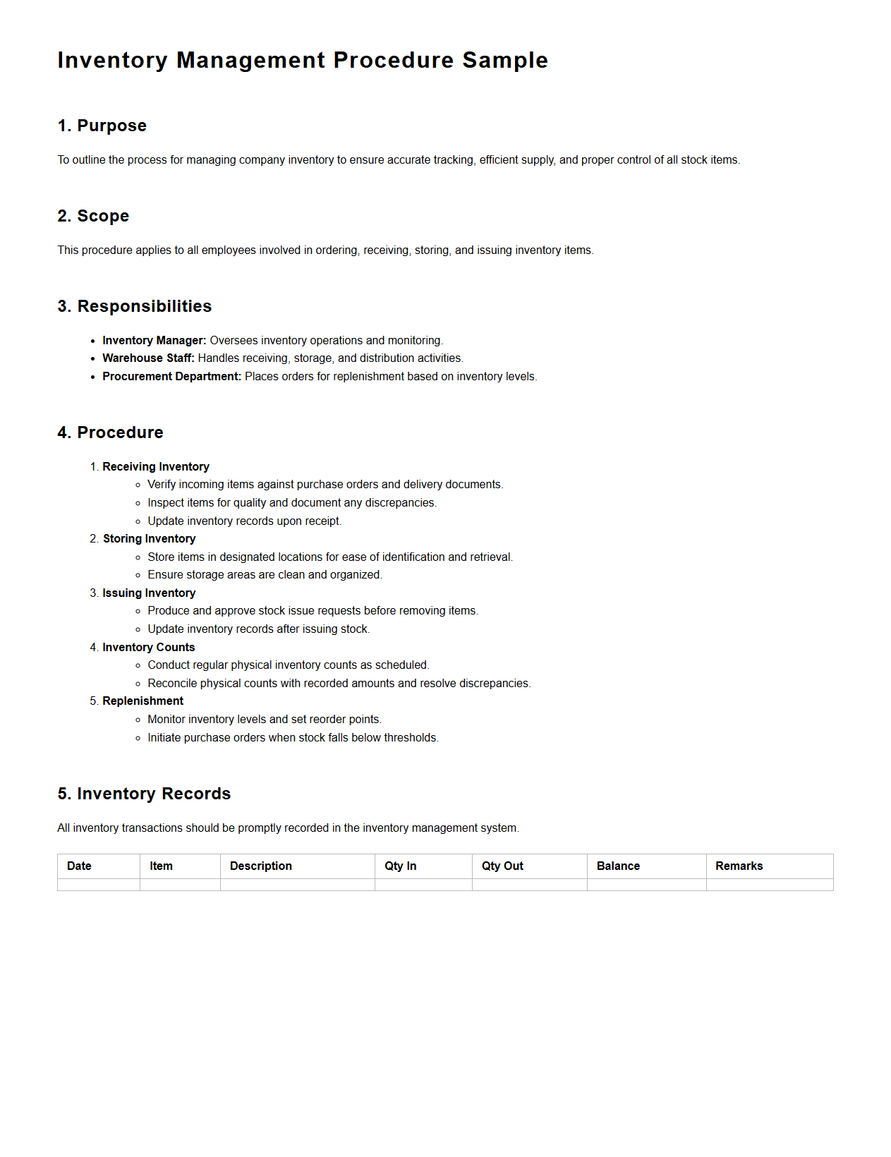 Inventory Management Procedure Sample
