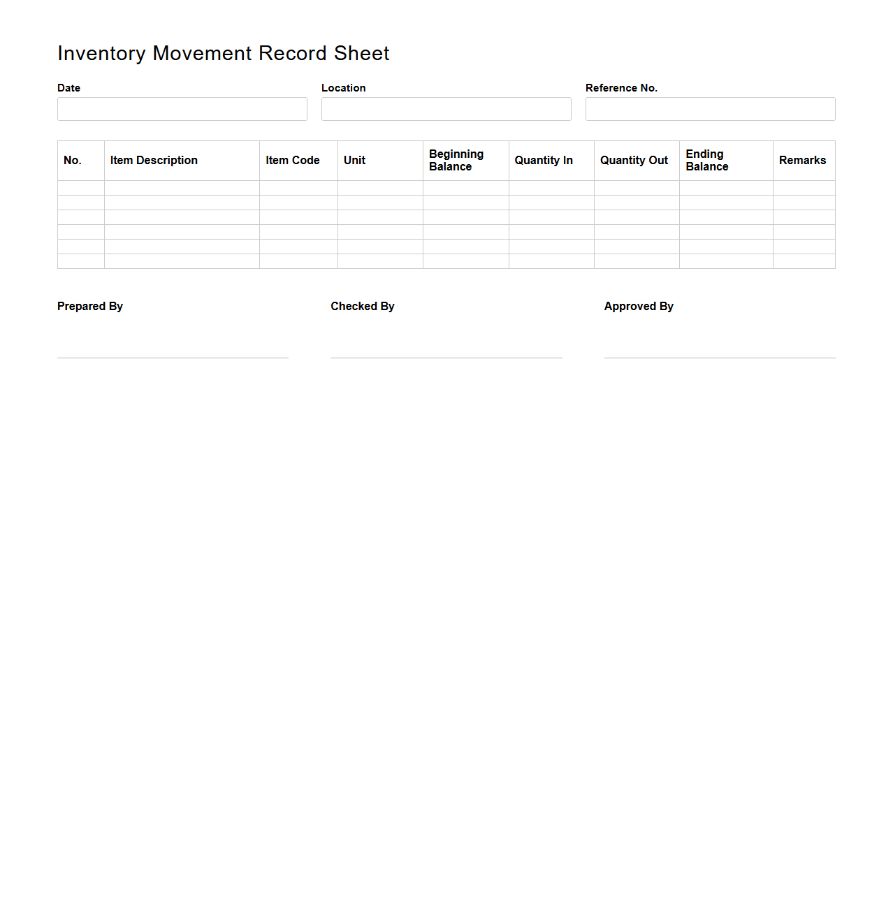 Inventory Movement Record Sheet