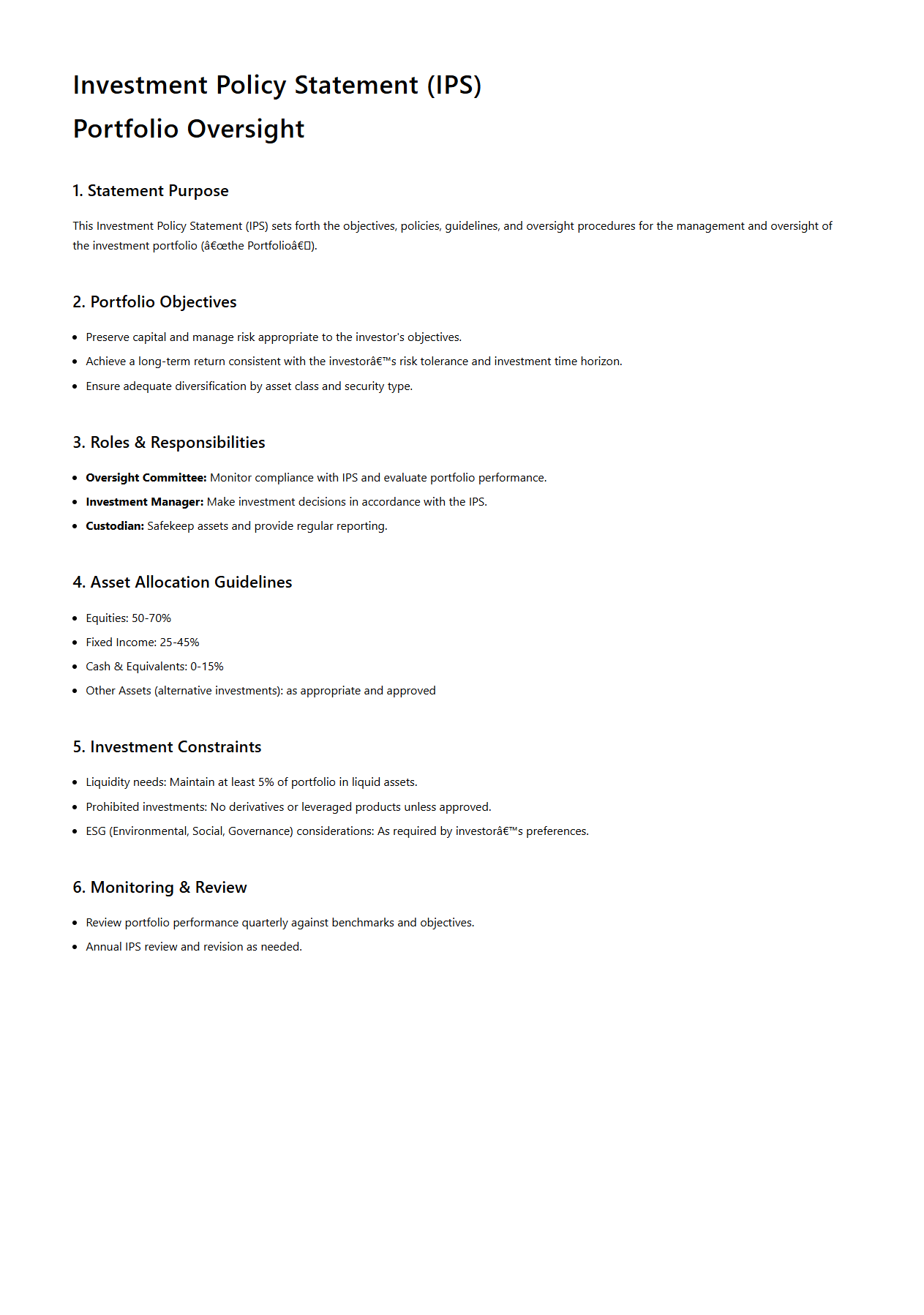 Investment Policy Statement Sample for Portfolio Oversight