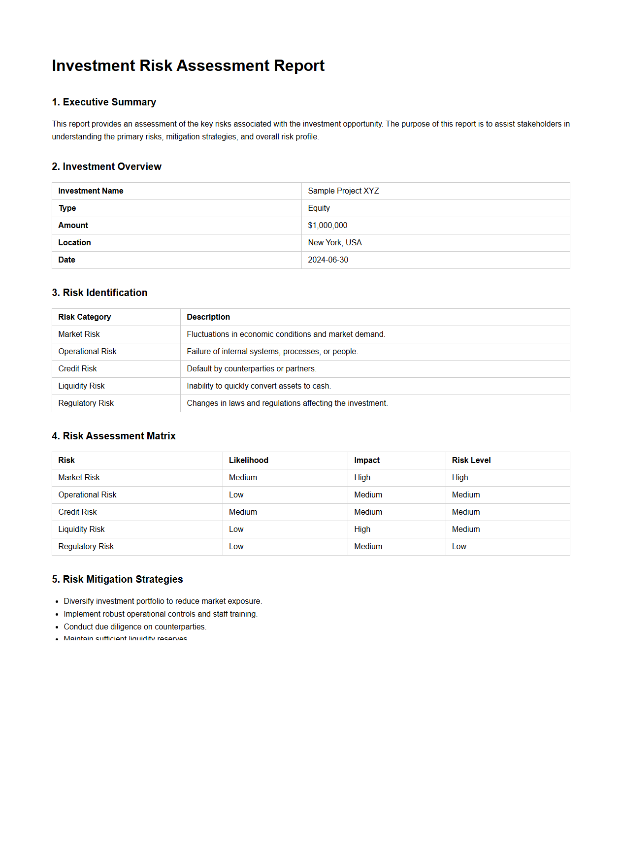 Investment Risk Assessment Report Sample