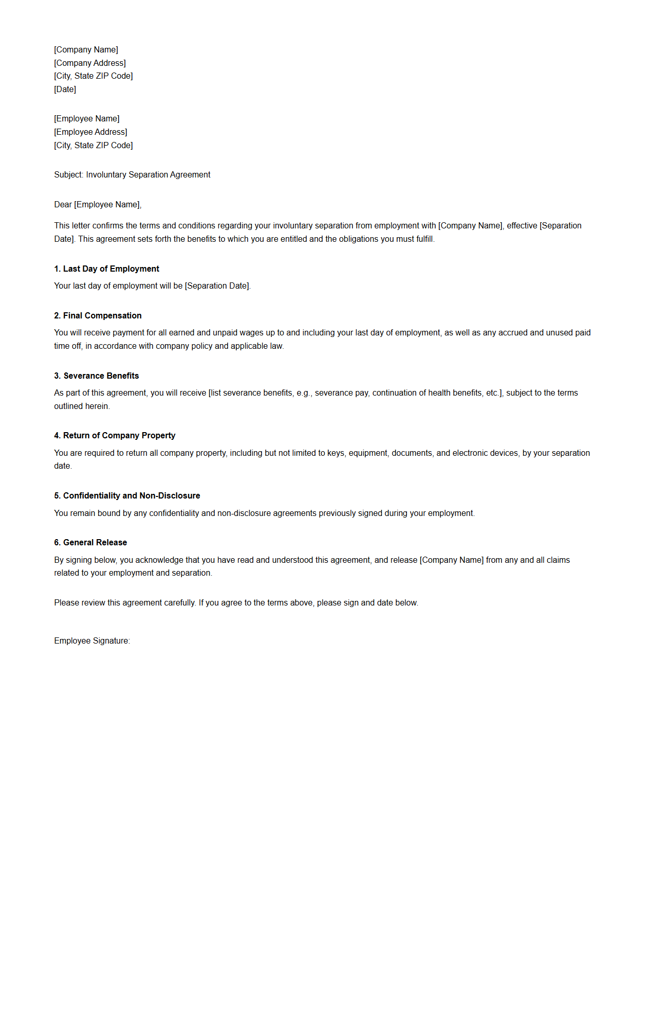 Involuntary Separation Agreement Letter