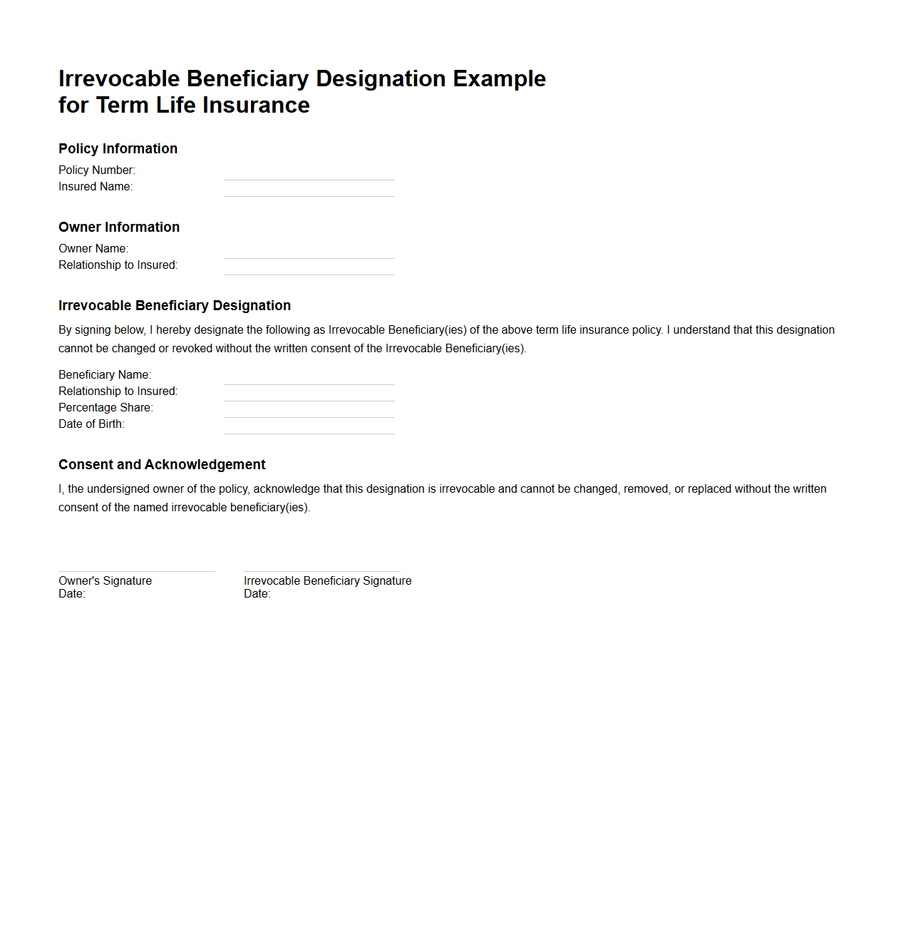 Irrevocable Beneficiary Designation Example for Term Life
