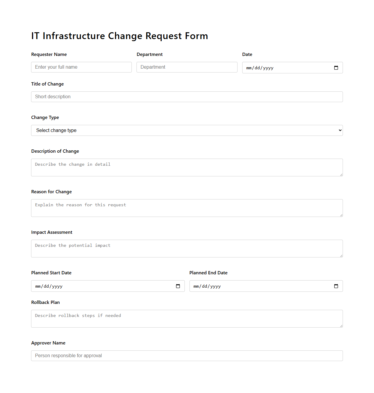 IT Infrastructure Change Request Form Template