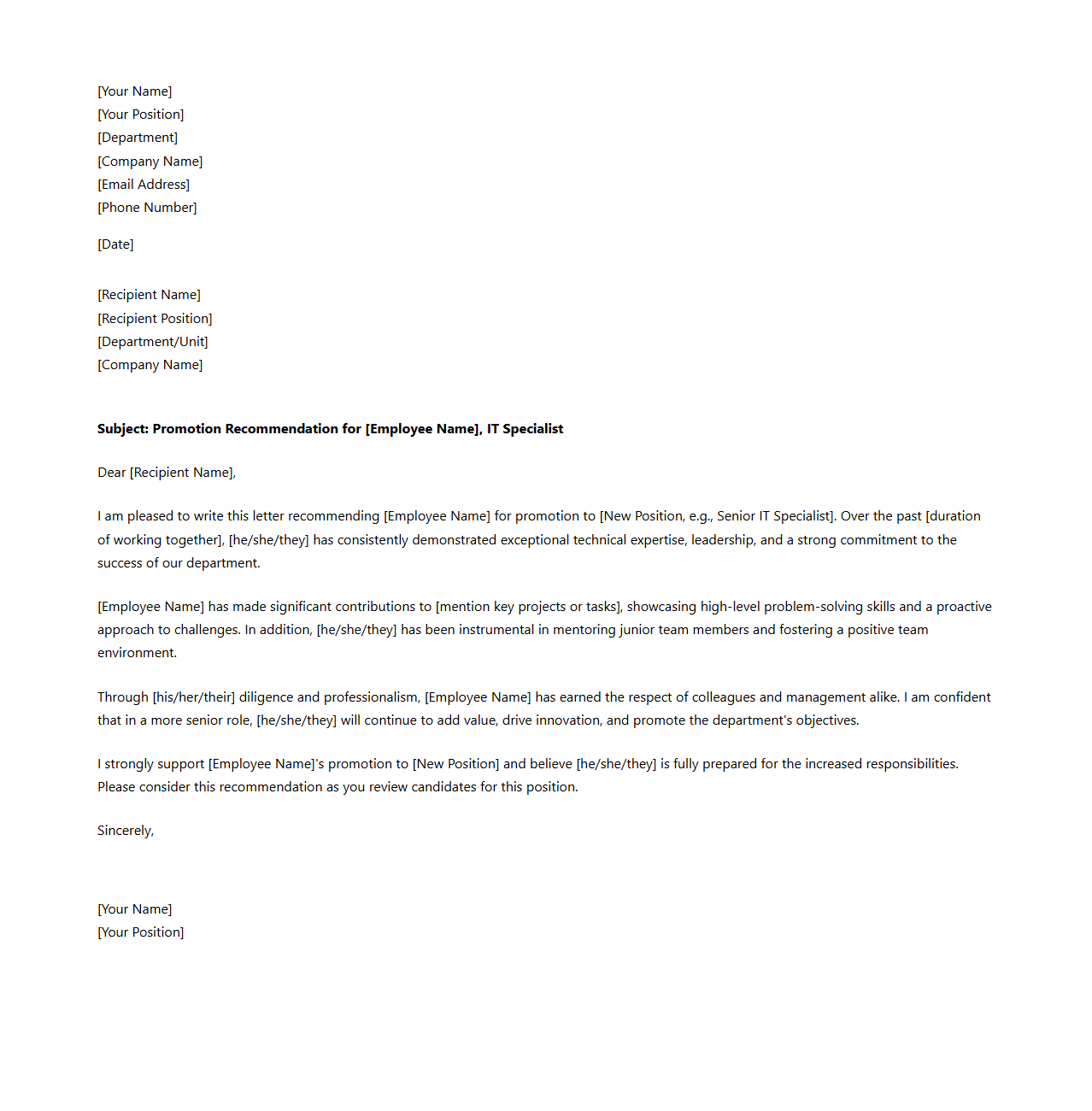 IT Specialist Promotion Recommendation Letter