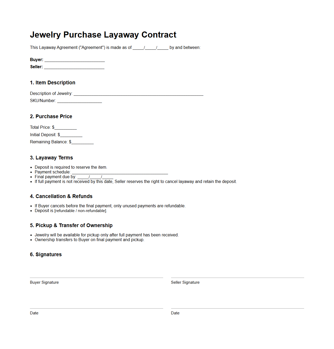Jewelry Purchase Layaway Contract Sample