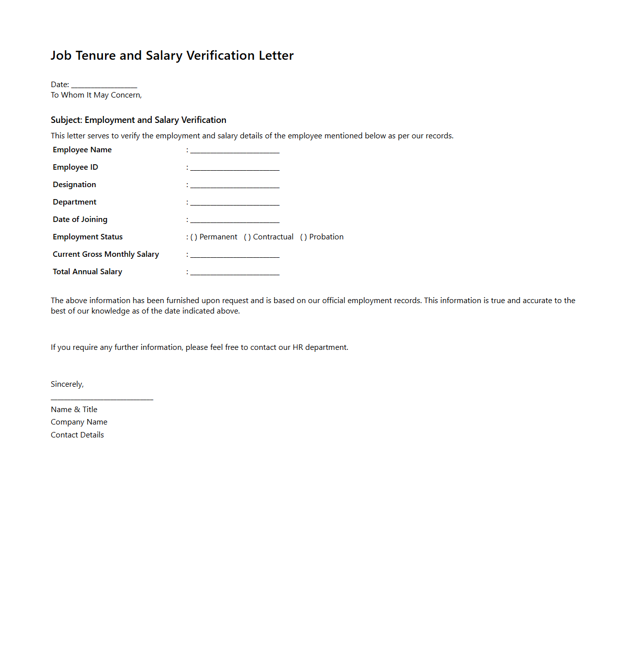 Job Tenure and Salary Verification Sample for External Use