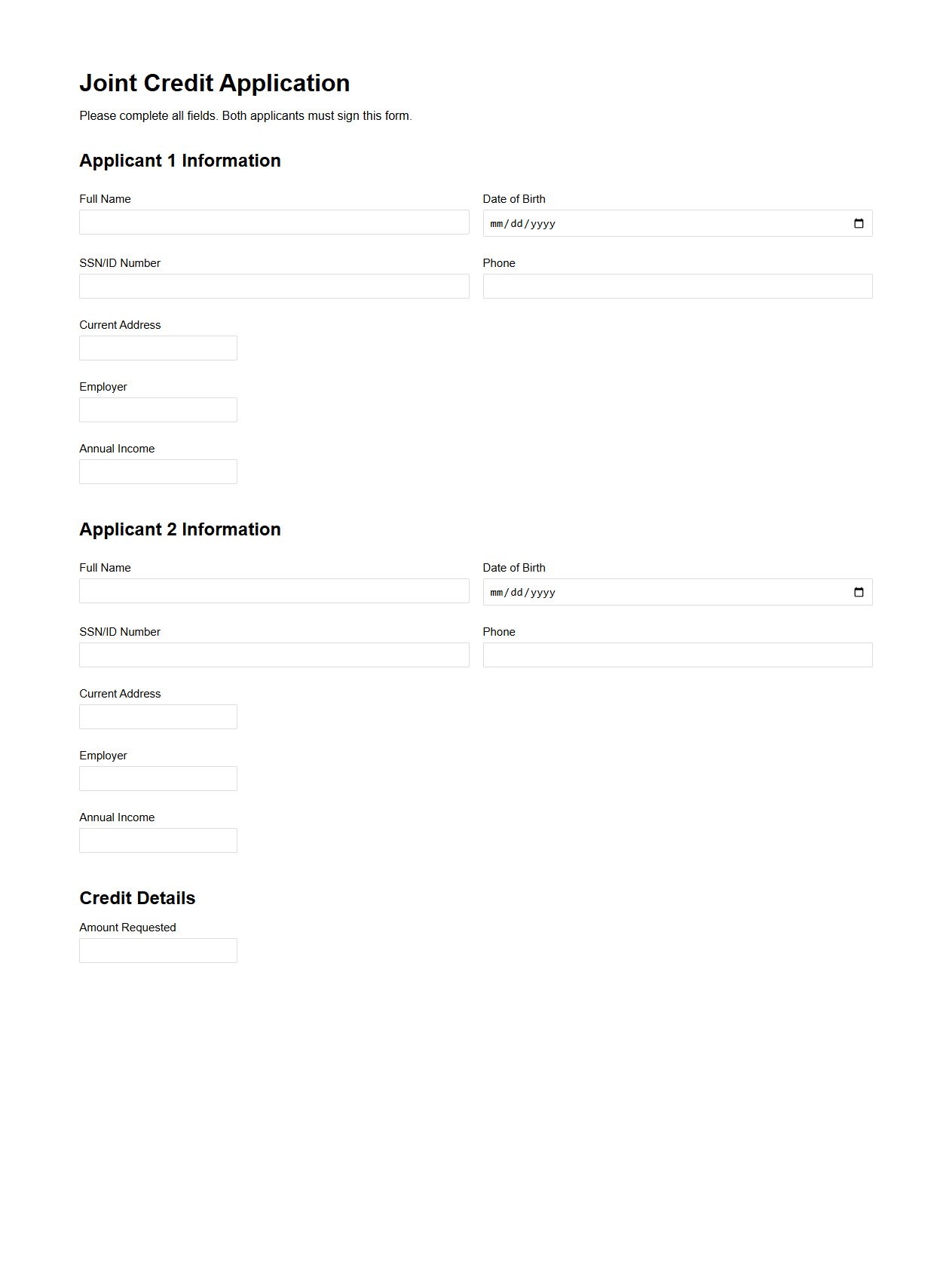 Joint Credit Application Document Sample
