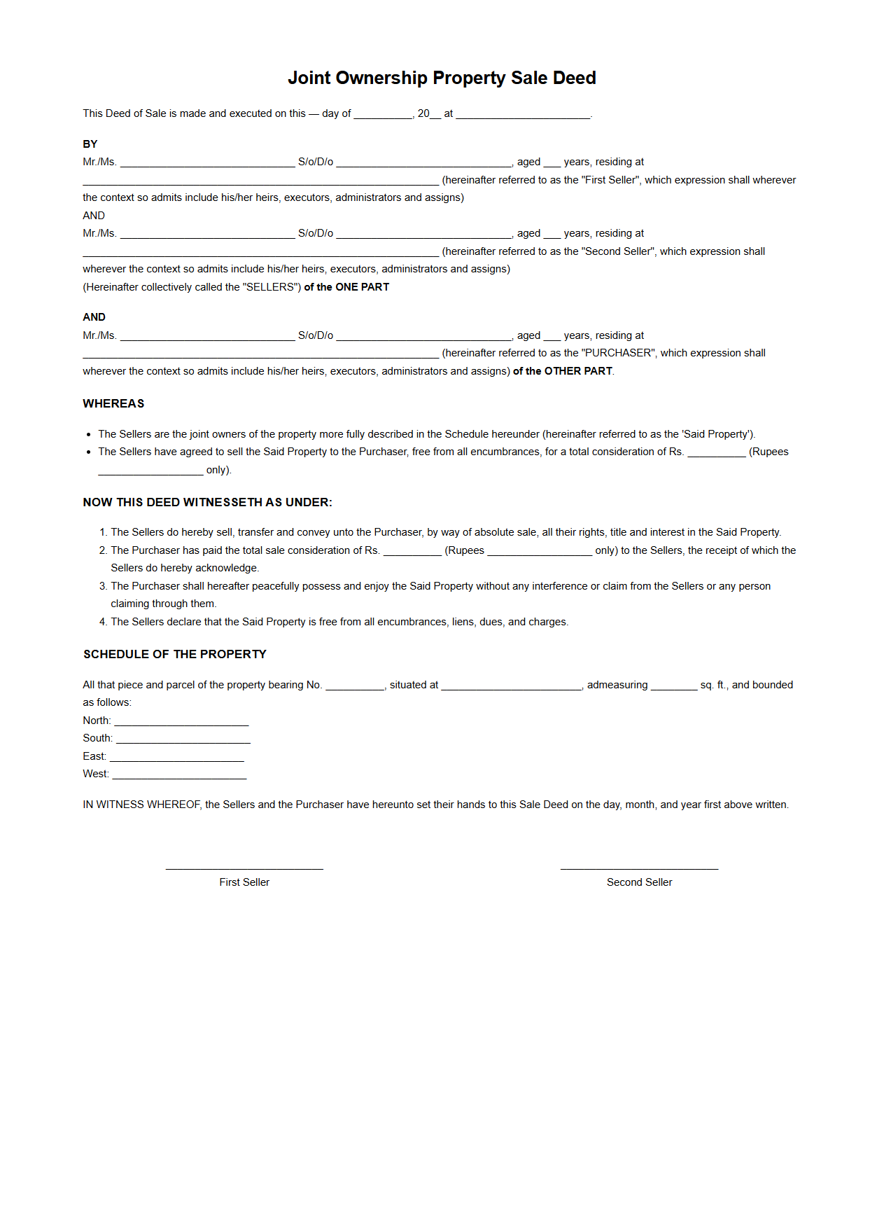 Joint Ownership Property Sale Deed Specimen