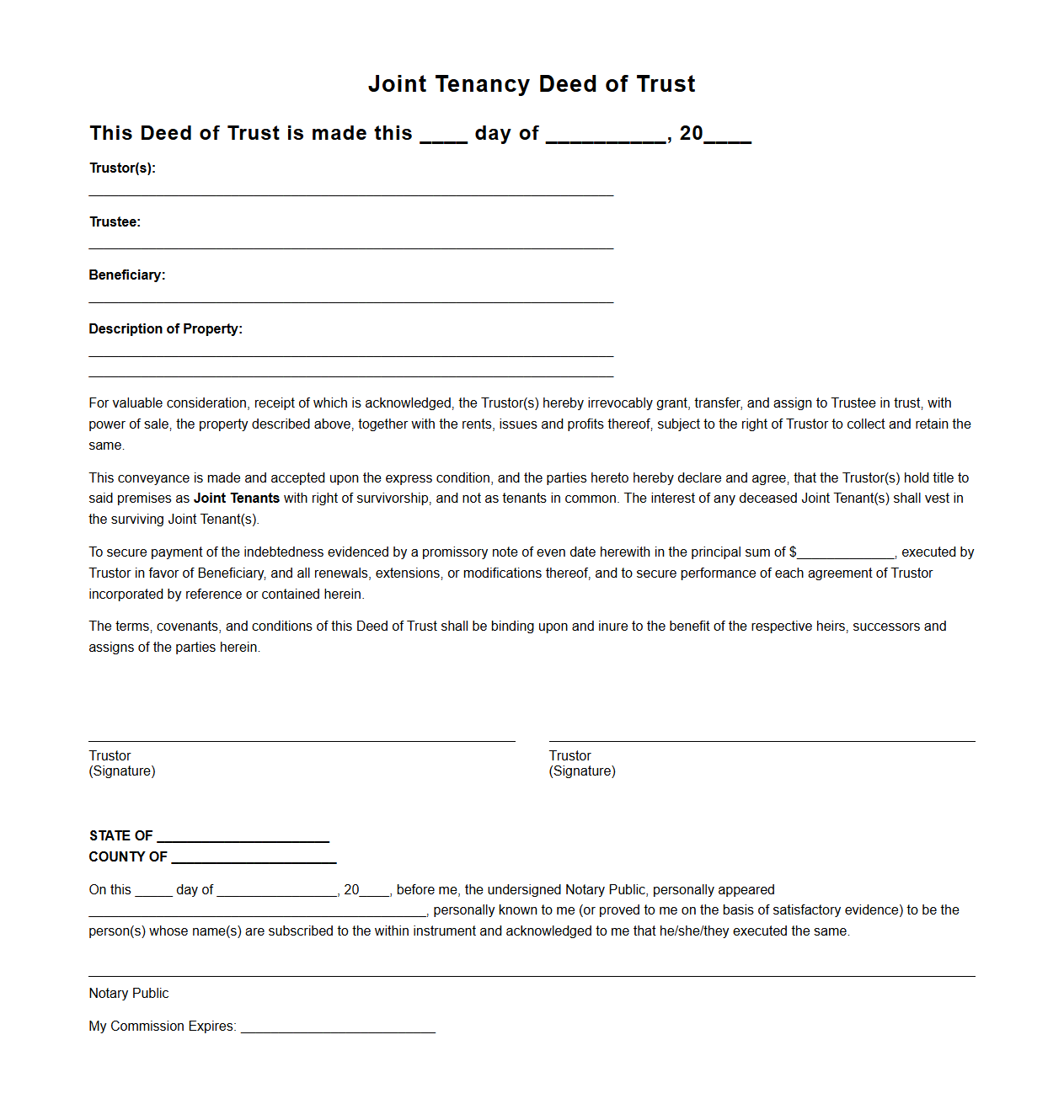 Joint Tenancy Deed of Trust Example