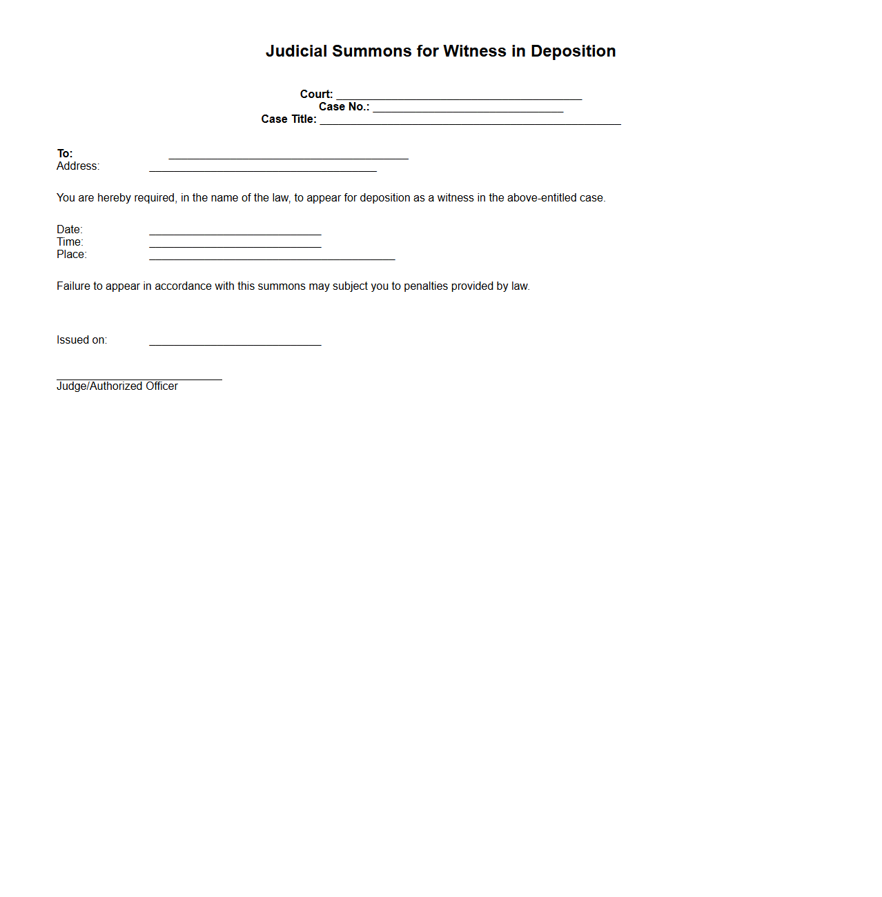 Judicial Summons for Witness in Deposition