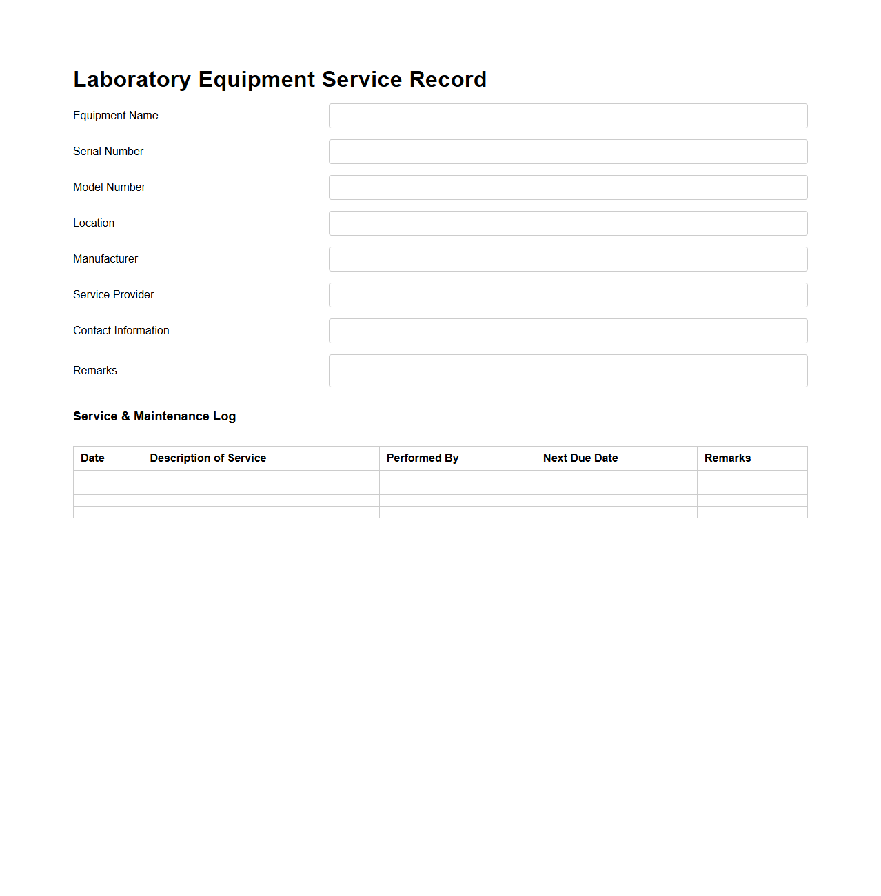Laboratory Equipment Service Record