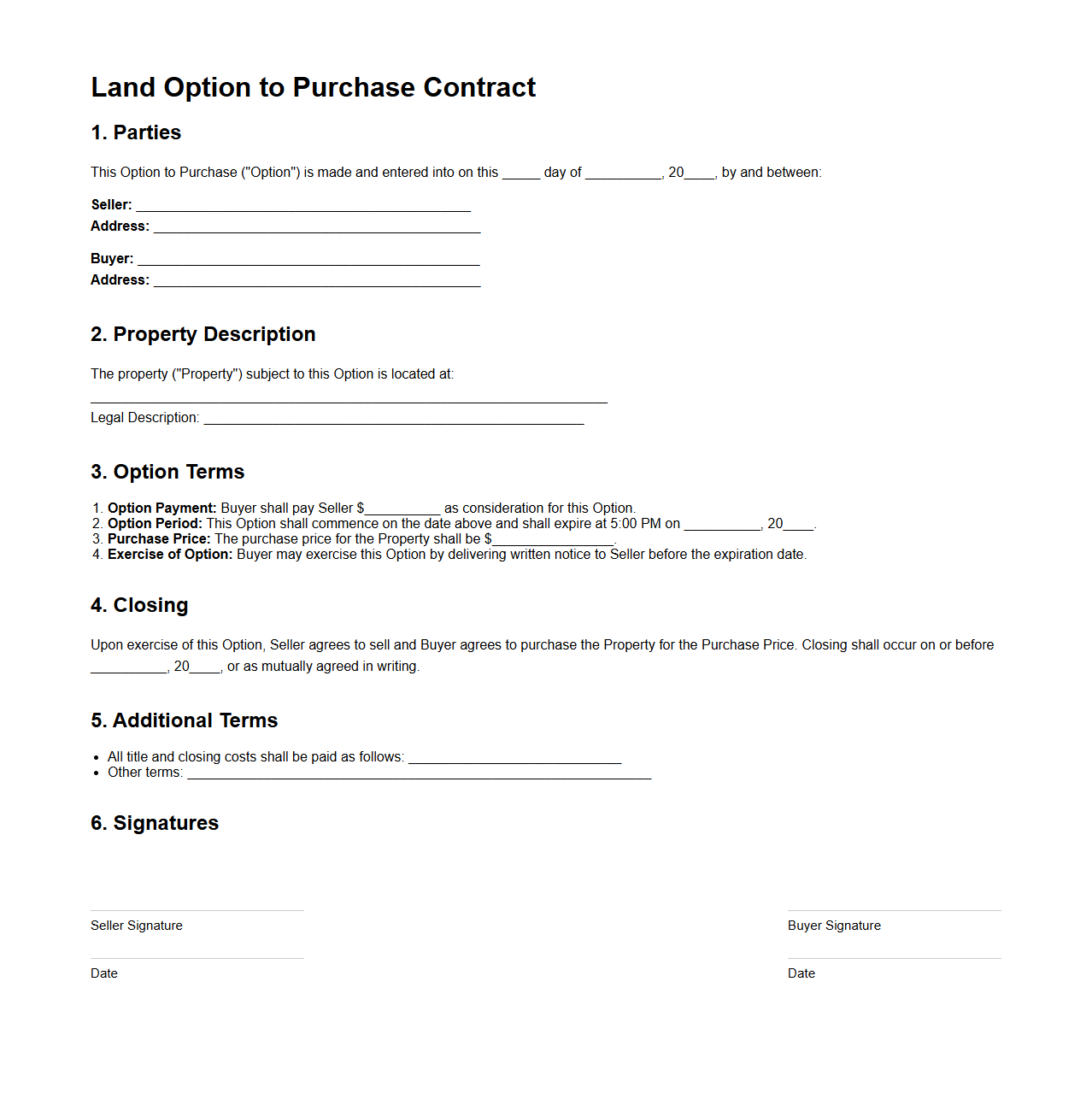 Land Option to Purchase Contract Example