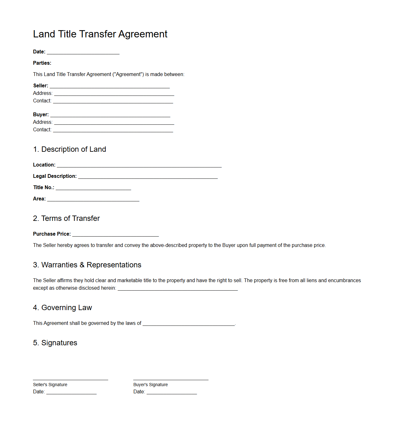 Land Title Transfer Agreement Sample