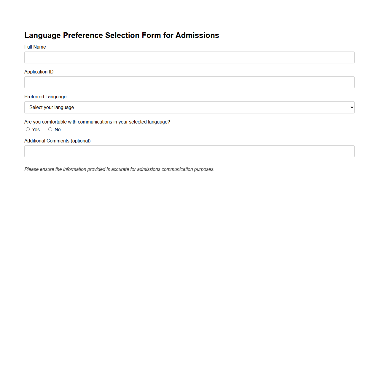 Language Preference Selection Form for Admissions