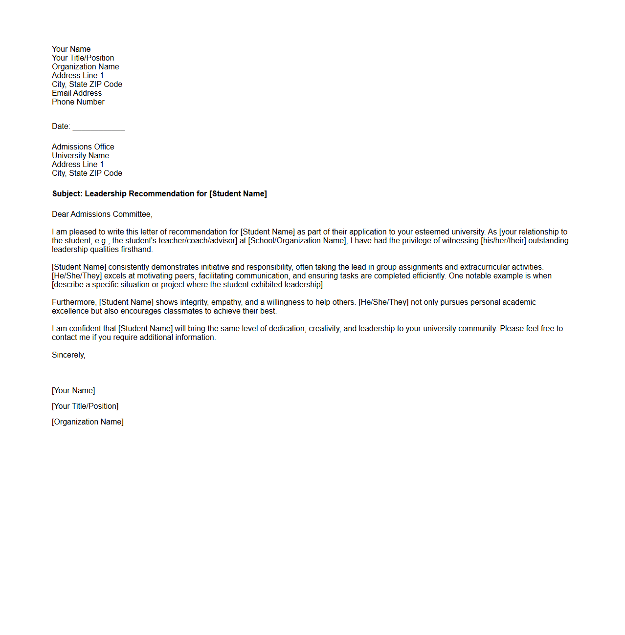 Leadership Recommendation Letter for University Applications