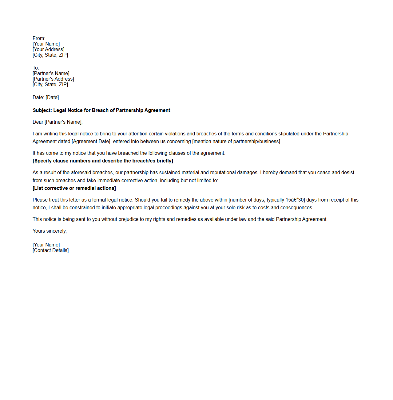 Legal Notice Letter for Partnership Agreement Breach