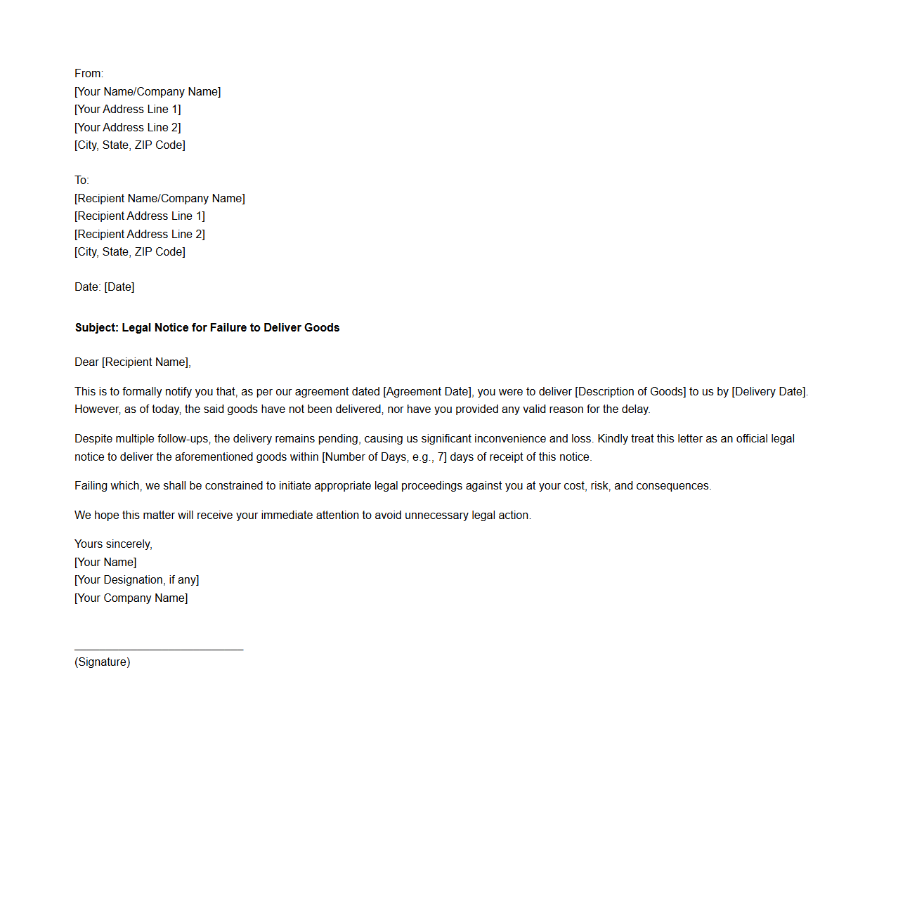 Legal Notice Sample for Failure to Deliver Goods