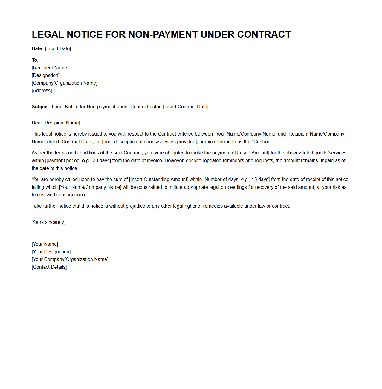 Legal Notice Template for Non-payment Under Contract
