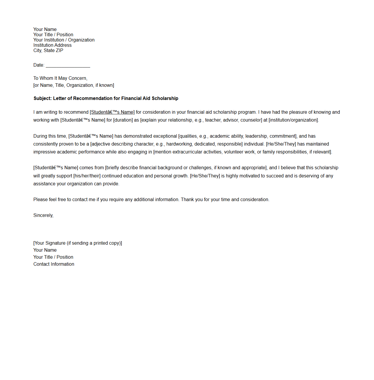 Letter of Recommendation for Financial Aid Scholarship