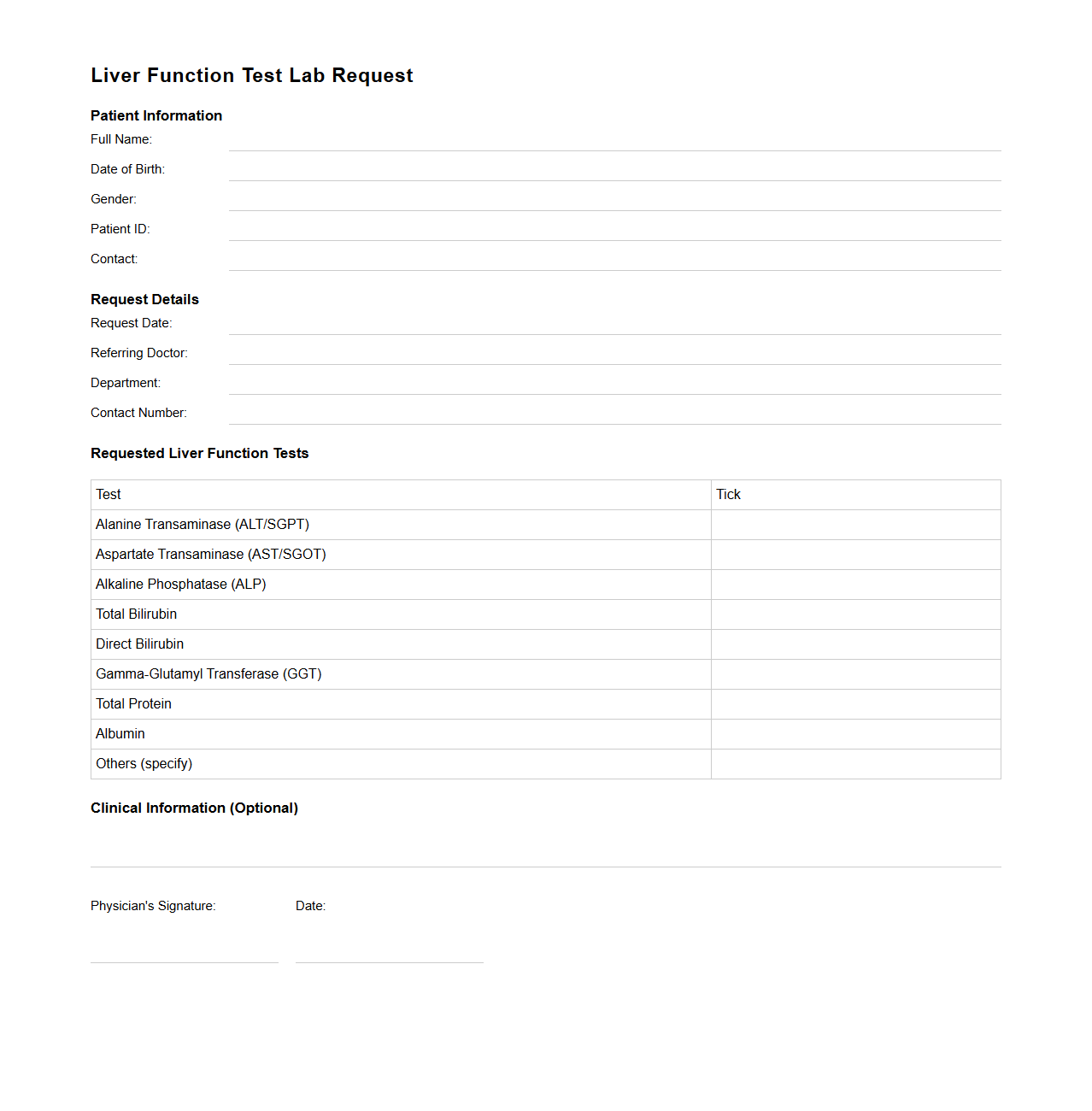 Liver Function Test Lab Request Document Sample