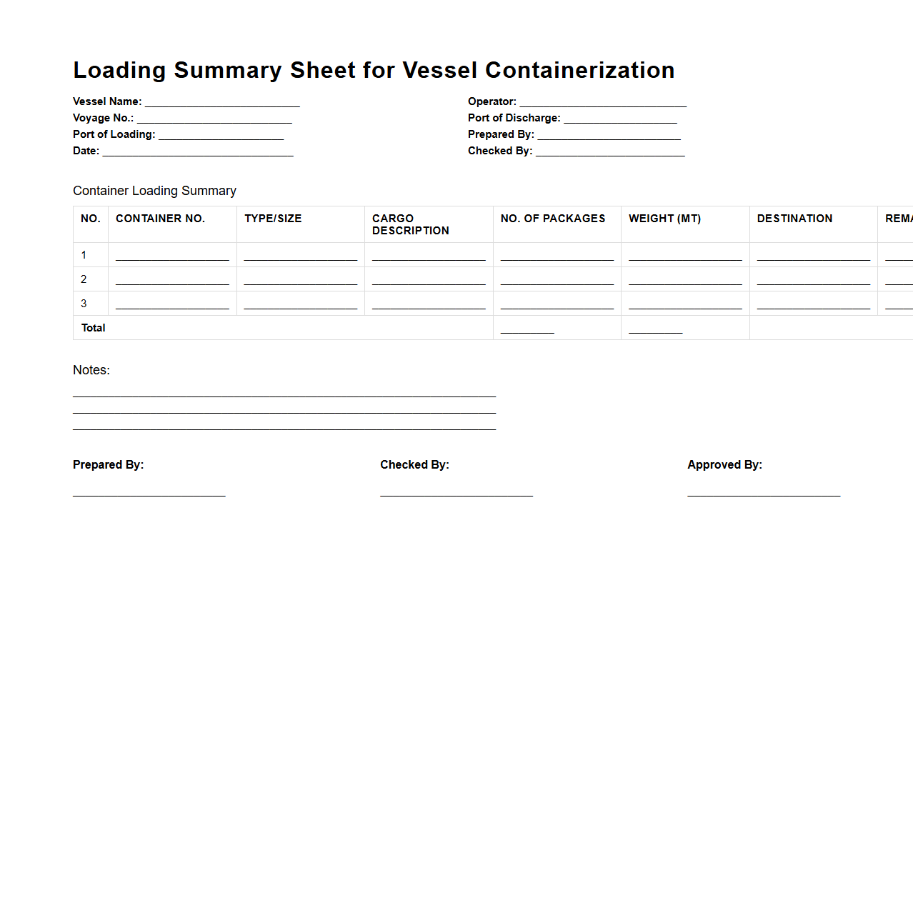 Loading Summary Sheet for Vessel Containerization