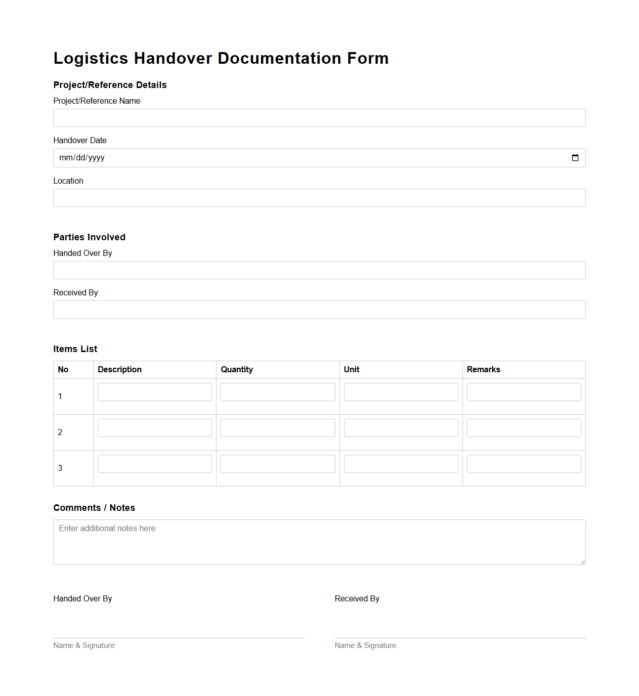 Logistics Handover Documentation Form