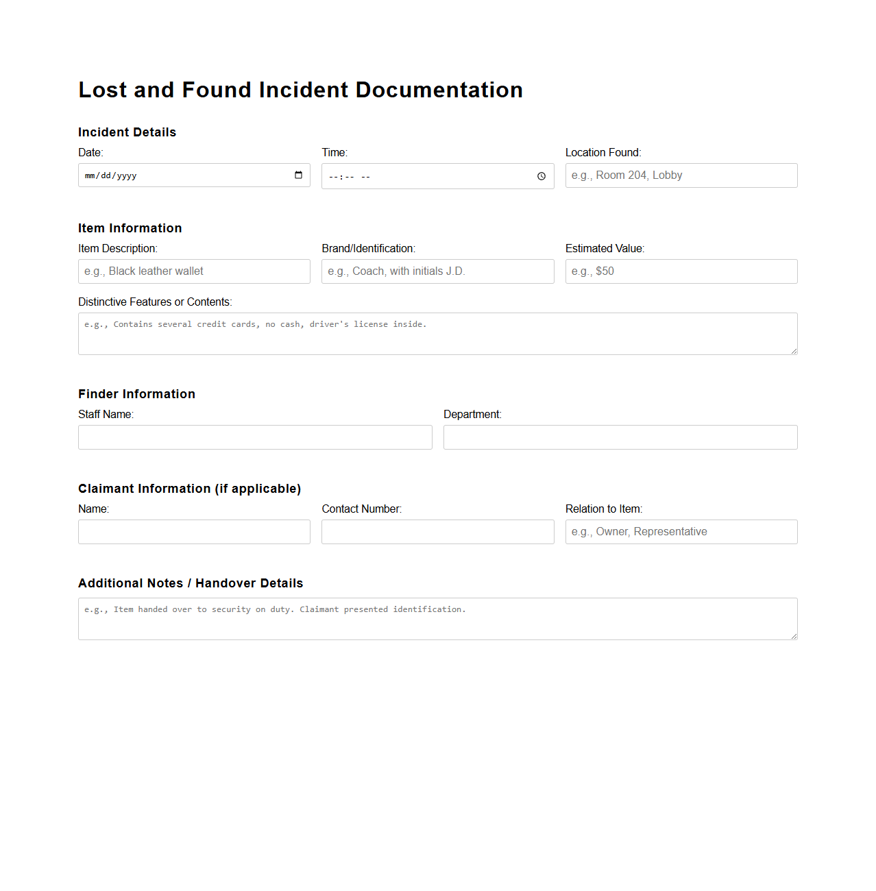 Lost and Found Incident Documentation for Hotel Staff