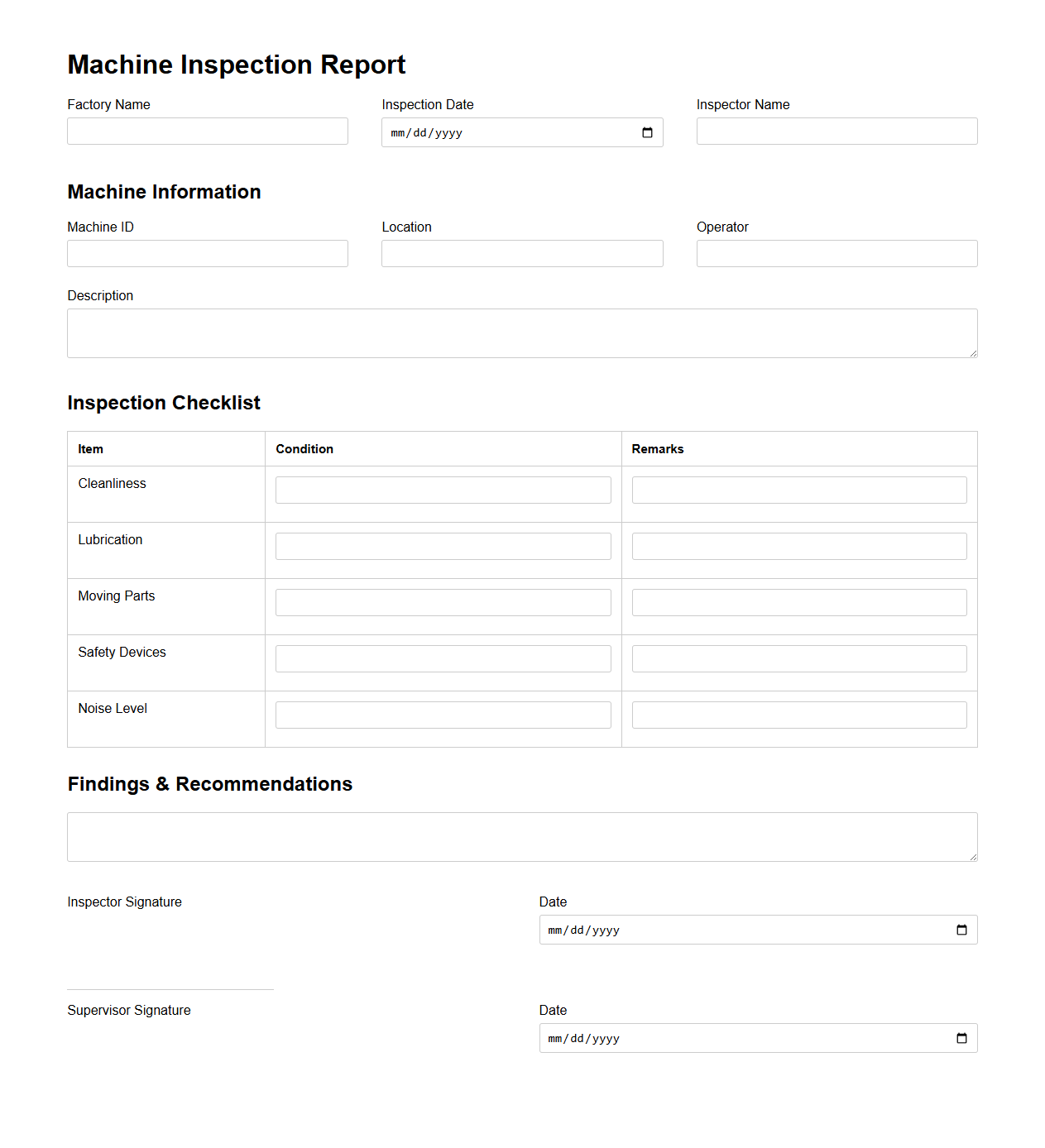 Machine Inspection Report for Factory Operations