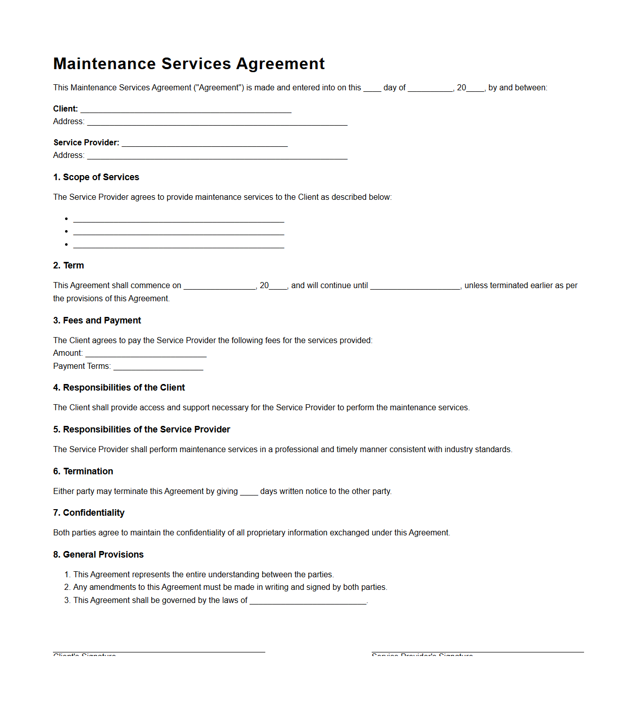 Maintenance Services Agreement Format