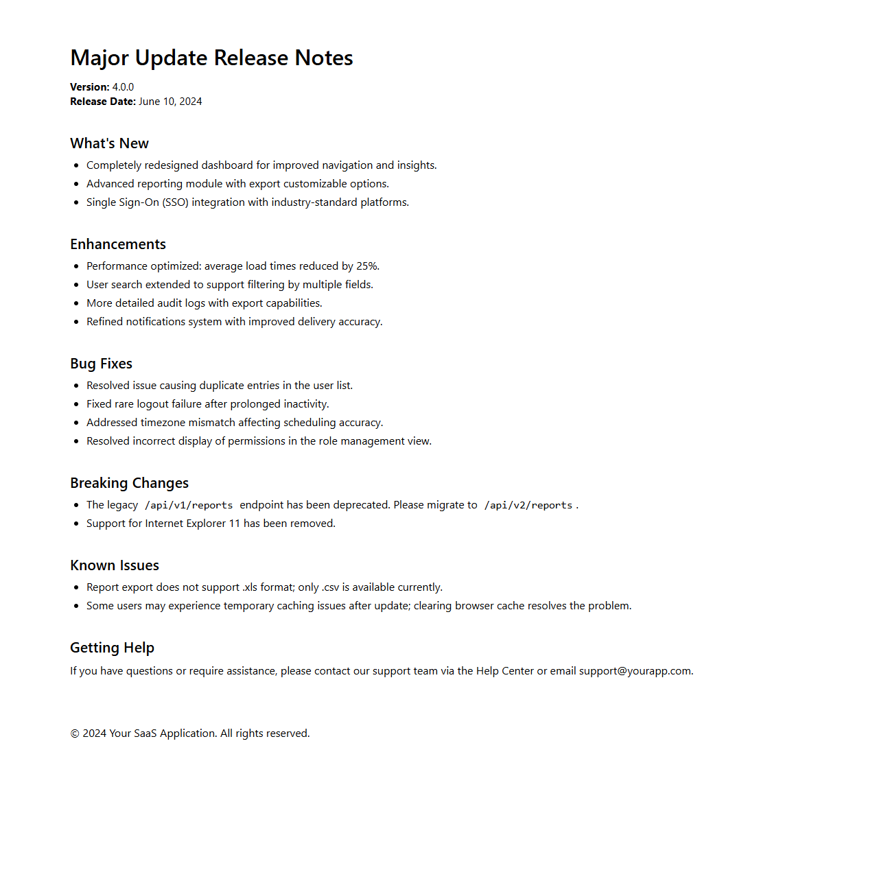 Major Update Release Notes Sample for SaaS Applications