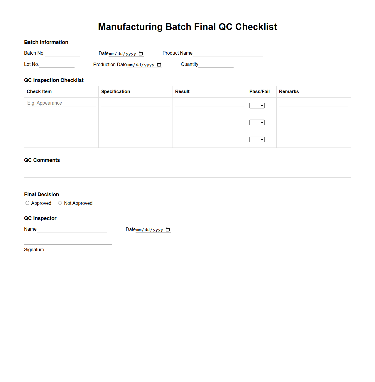 Manufacturing Batch Final QC Checklist