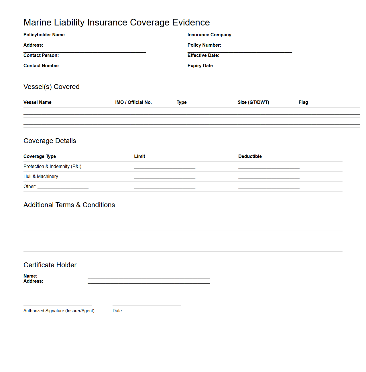 Marine Liability Insurance Coverage Evidence Template