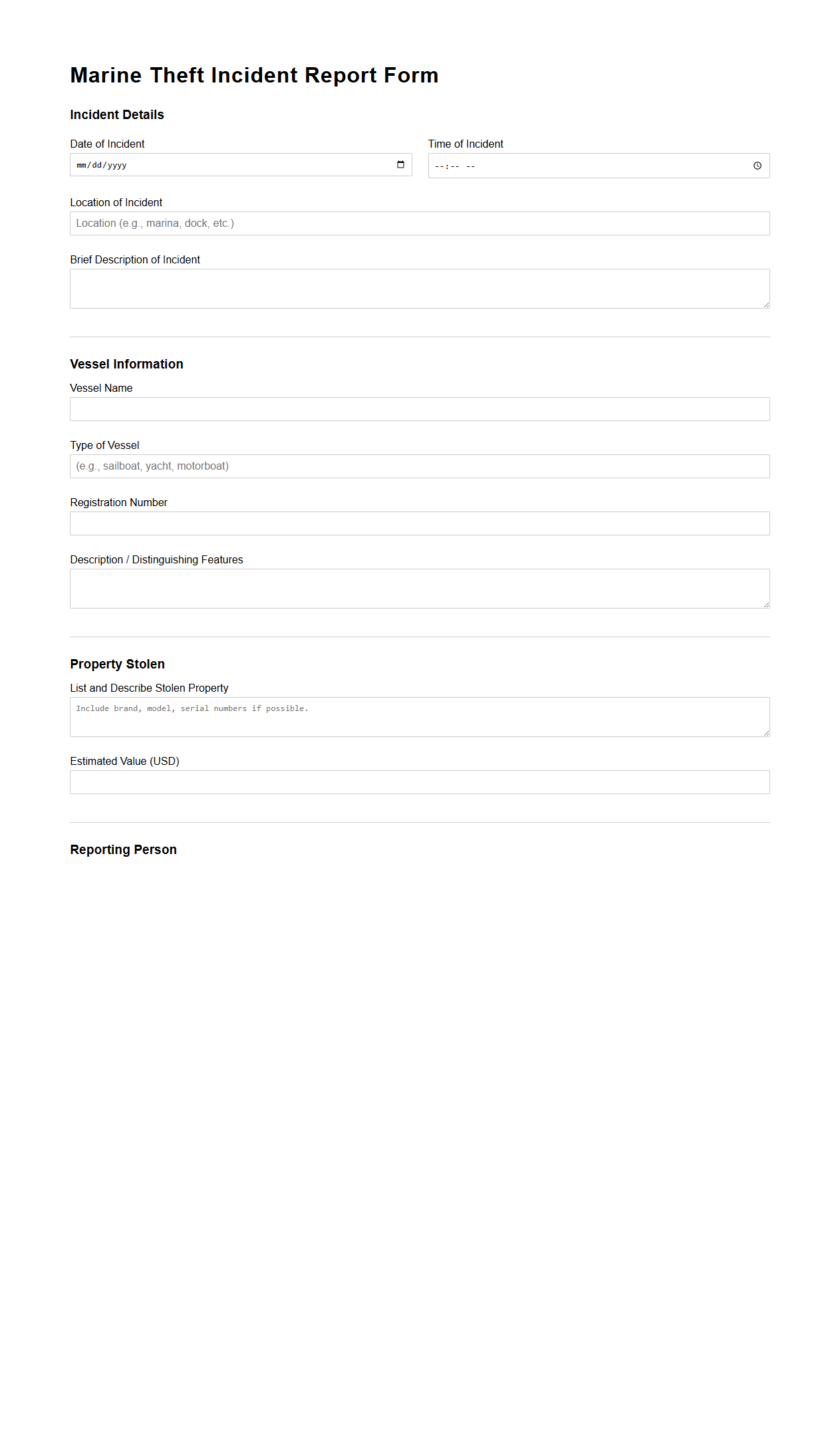 Marine Theft Incident Report Form Sample