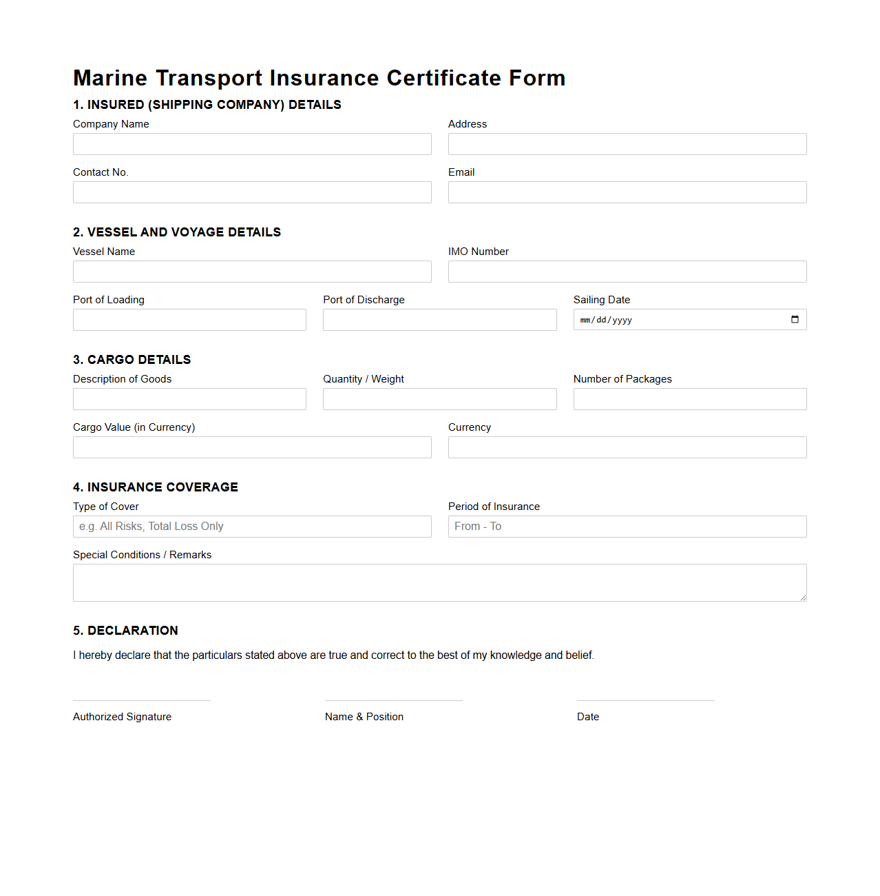 Marine Transport Insurance Certificate Form for Shipping Companies