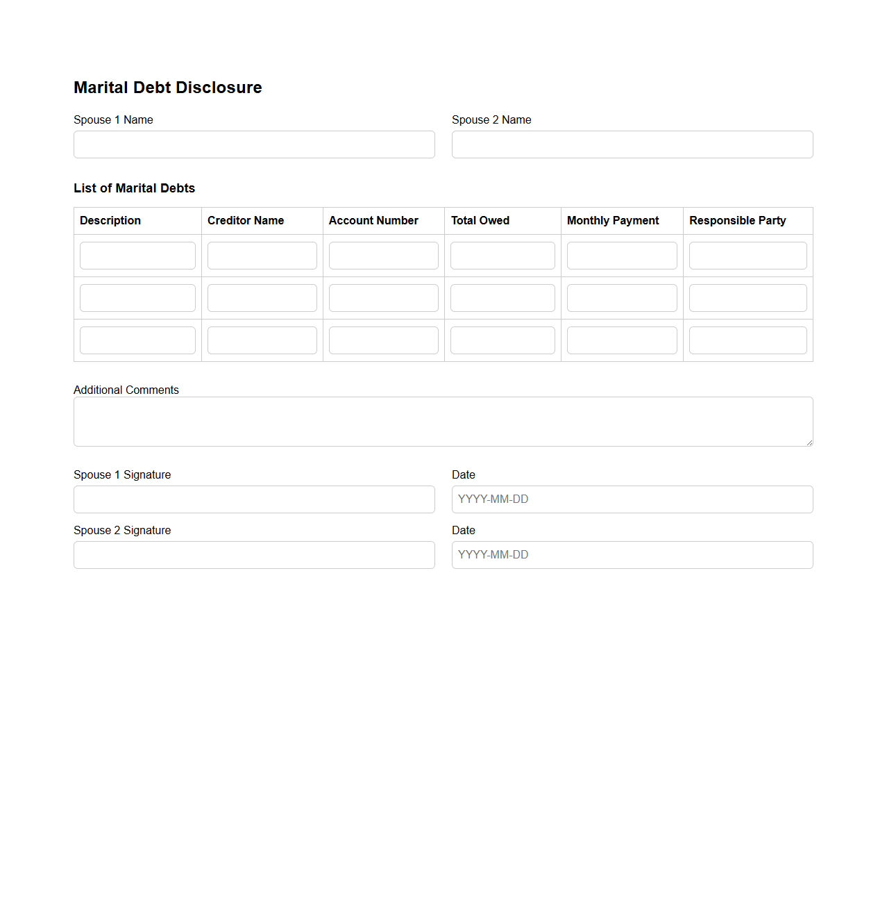 Marital Debt Disclosure Section Example