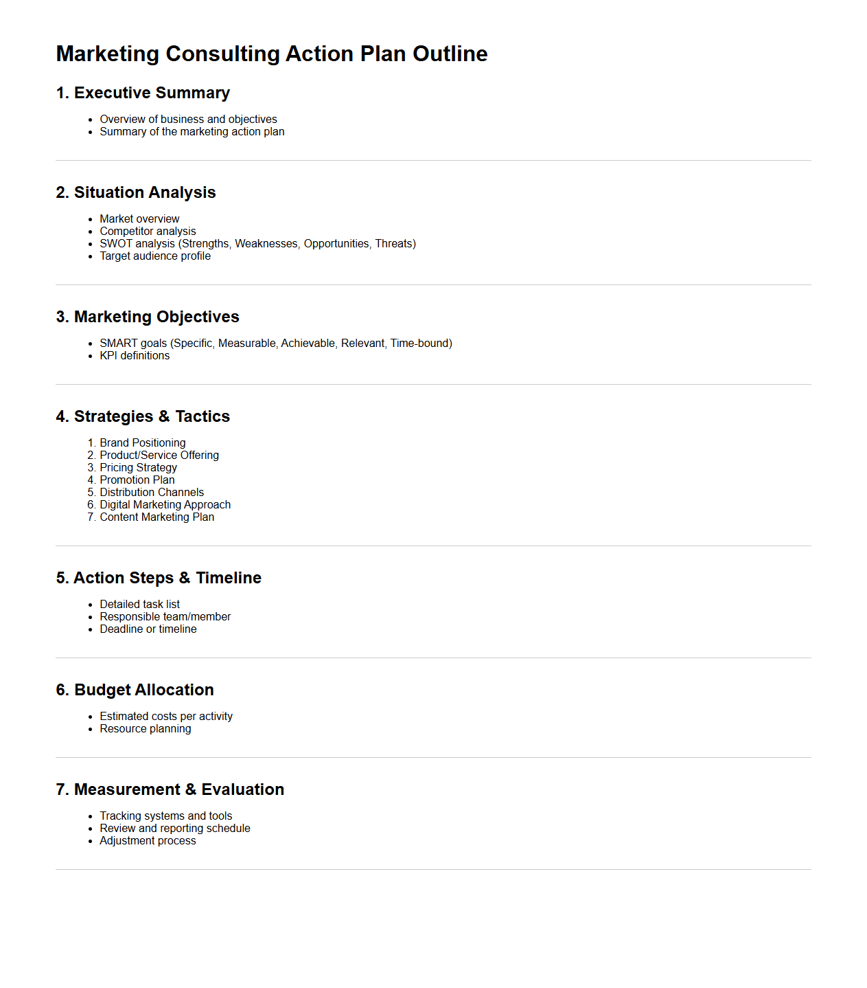 Marketing Consulting Action Plan Outline