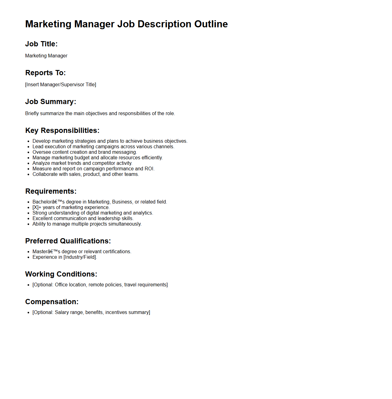 Marketing Manager Job Description Outline