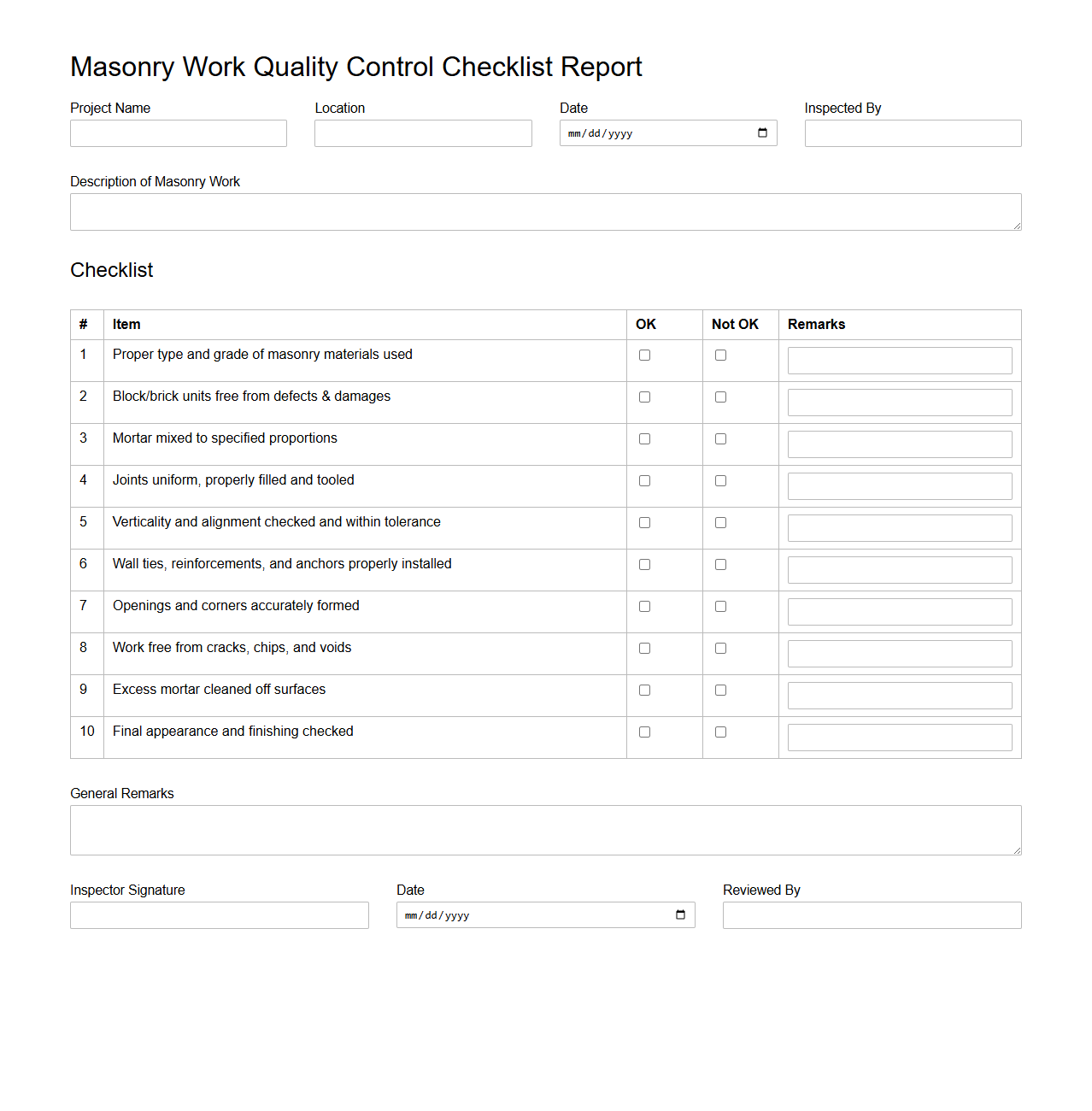 Masonry Work Quality Control Checklist Report