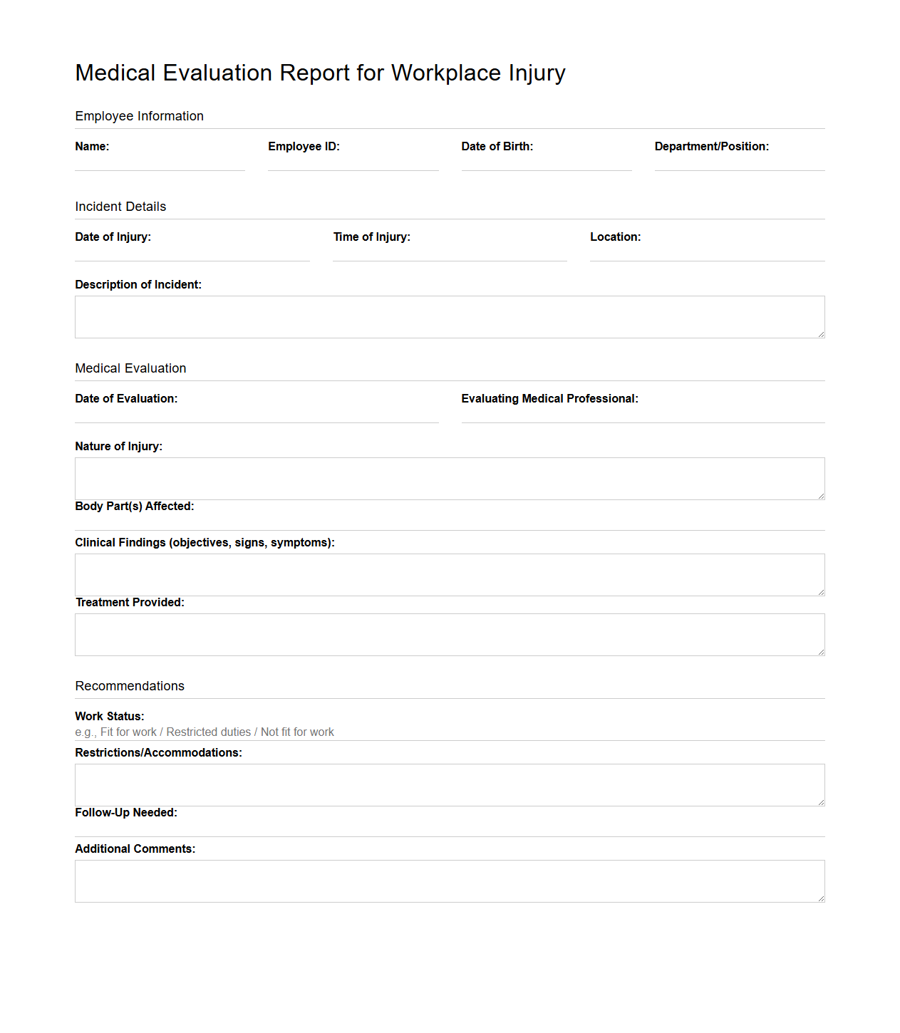 Medical Evaluation Report for Workplace Injury
