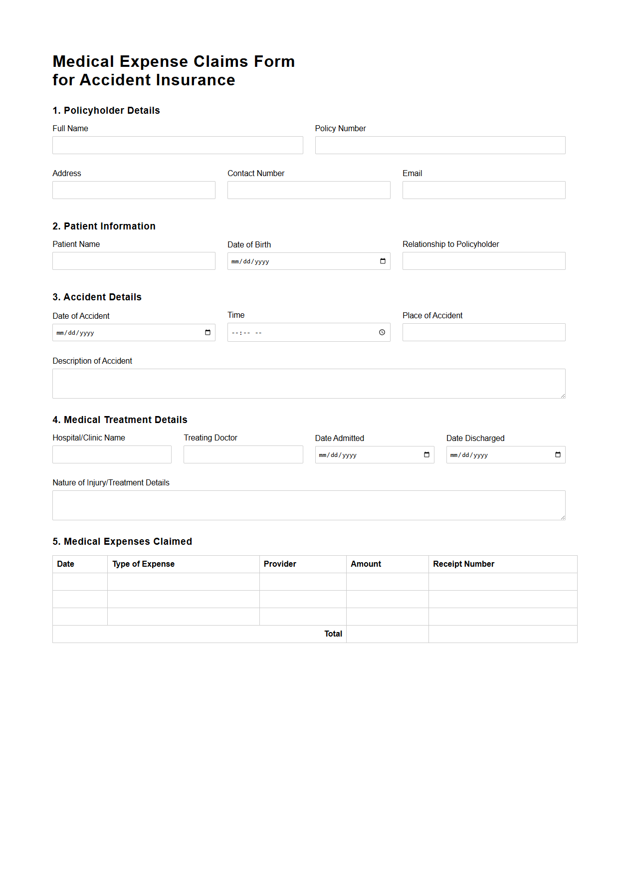 Medical Expense Claims Form for Accident Insurance